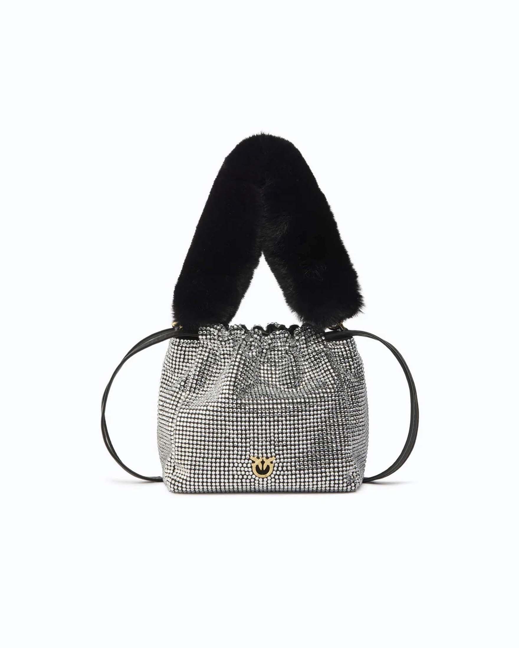 Borsa secchiello a spalla full strass Pinko argento con tracolla effetto pelliccia rasata nera