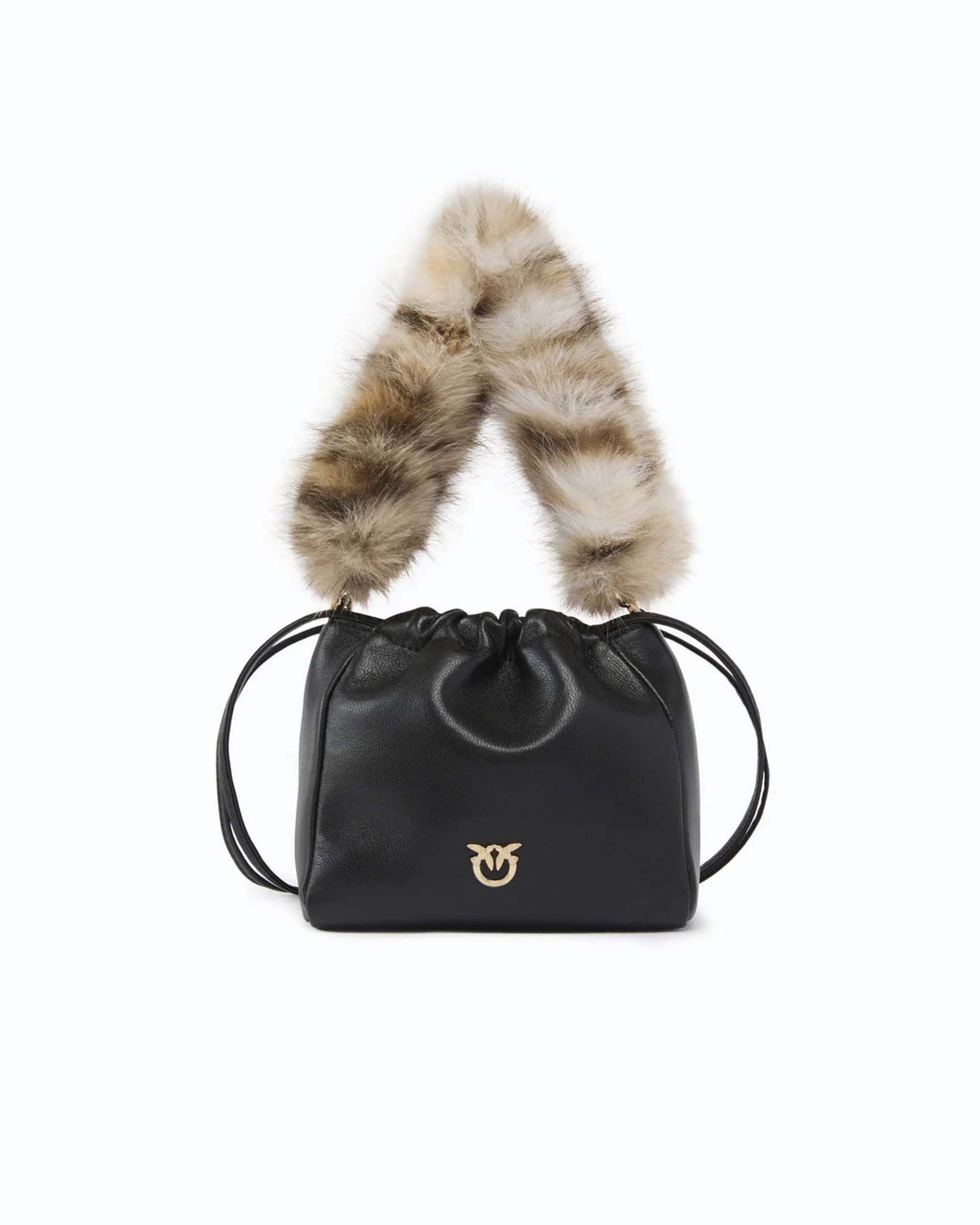 Borsa secchiello a spalla Pinko nera con tracolla effetto pelliccia animalier