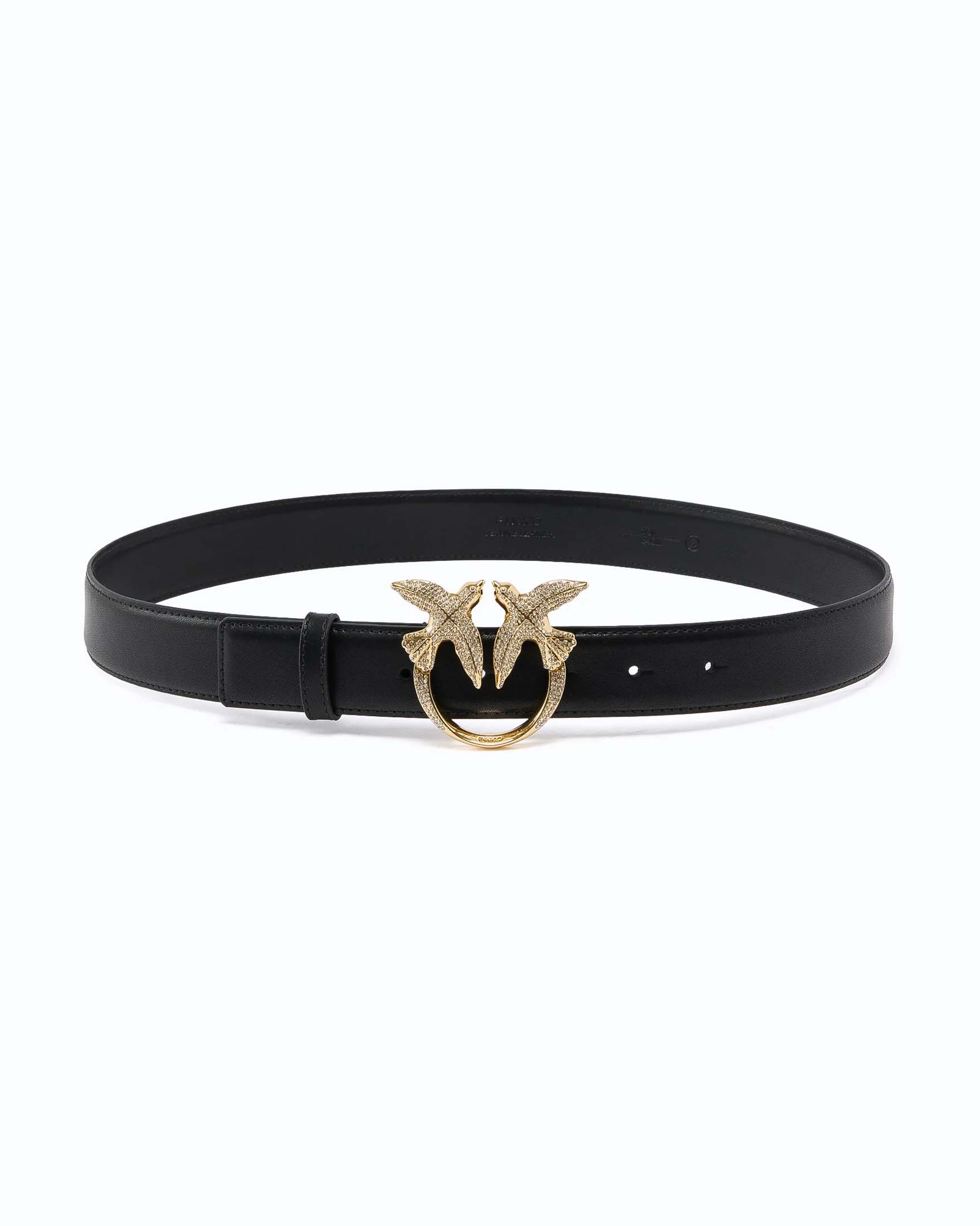 Cintura sottile Love Birds Pinko nera in pelle liscia con fibbia logo dorata con strass all over