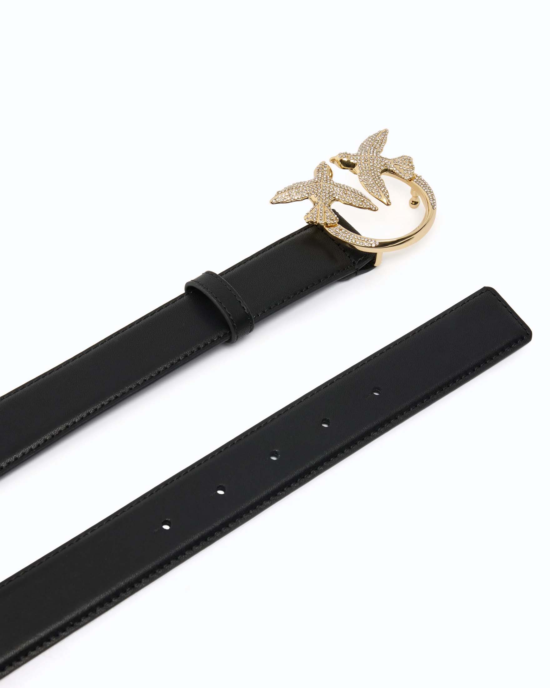 Cintura sottile Love Birds Pinko nera in pelle liscia con fibbia logo dorata con strass all over image