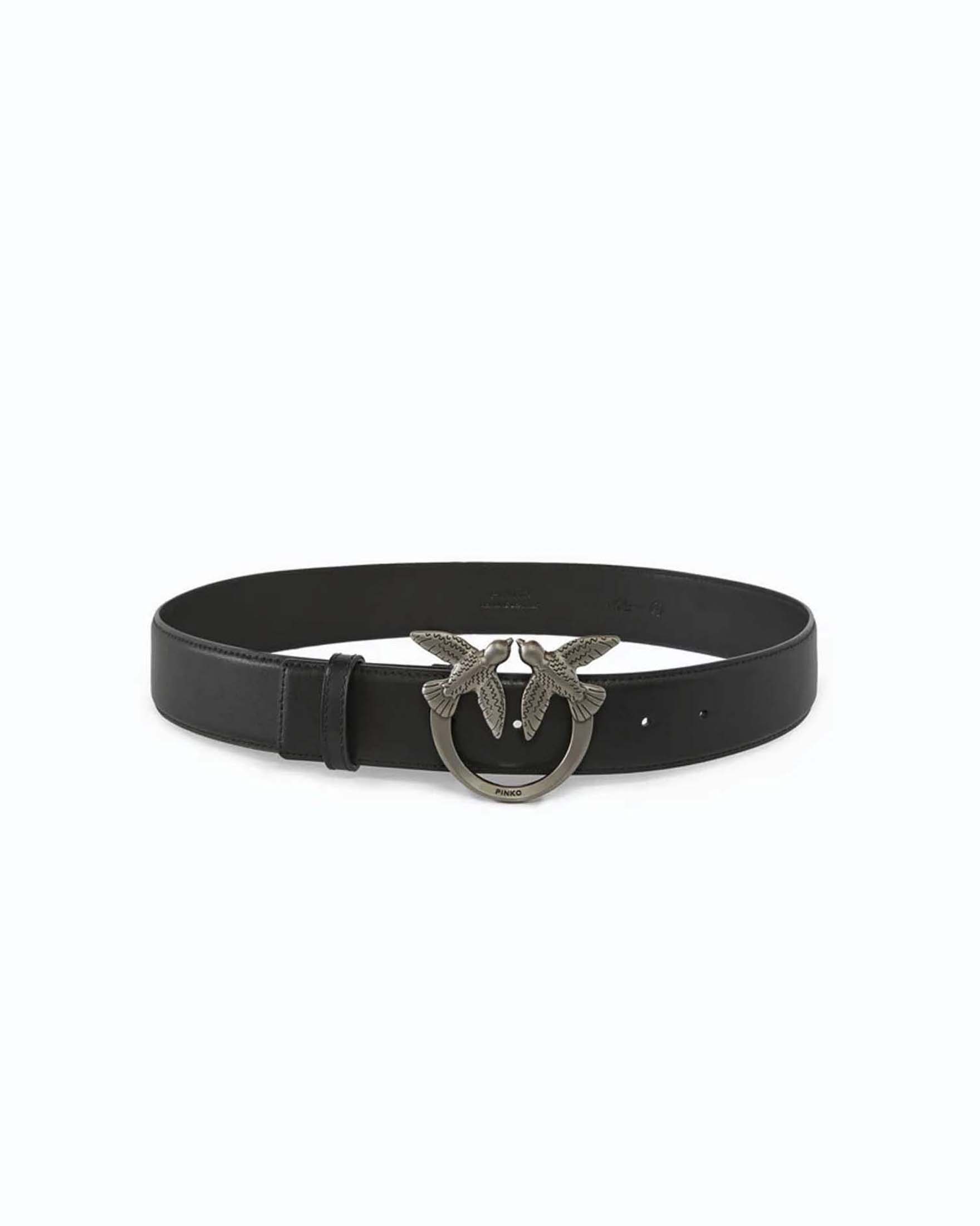 Cintura altezza media Pinko nera in pelle di vitello liscia con fibbia Love Birds argento