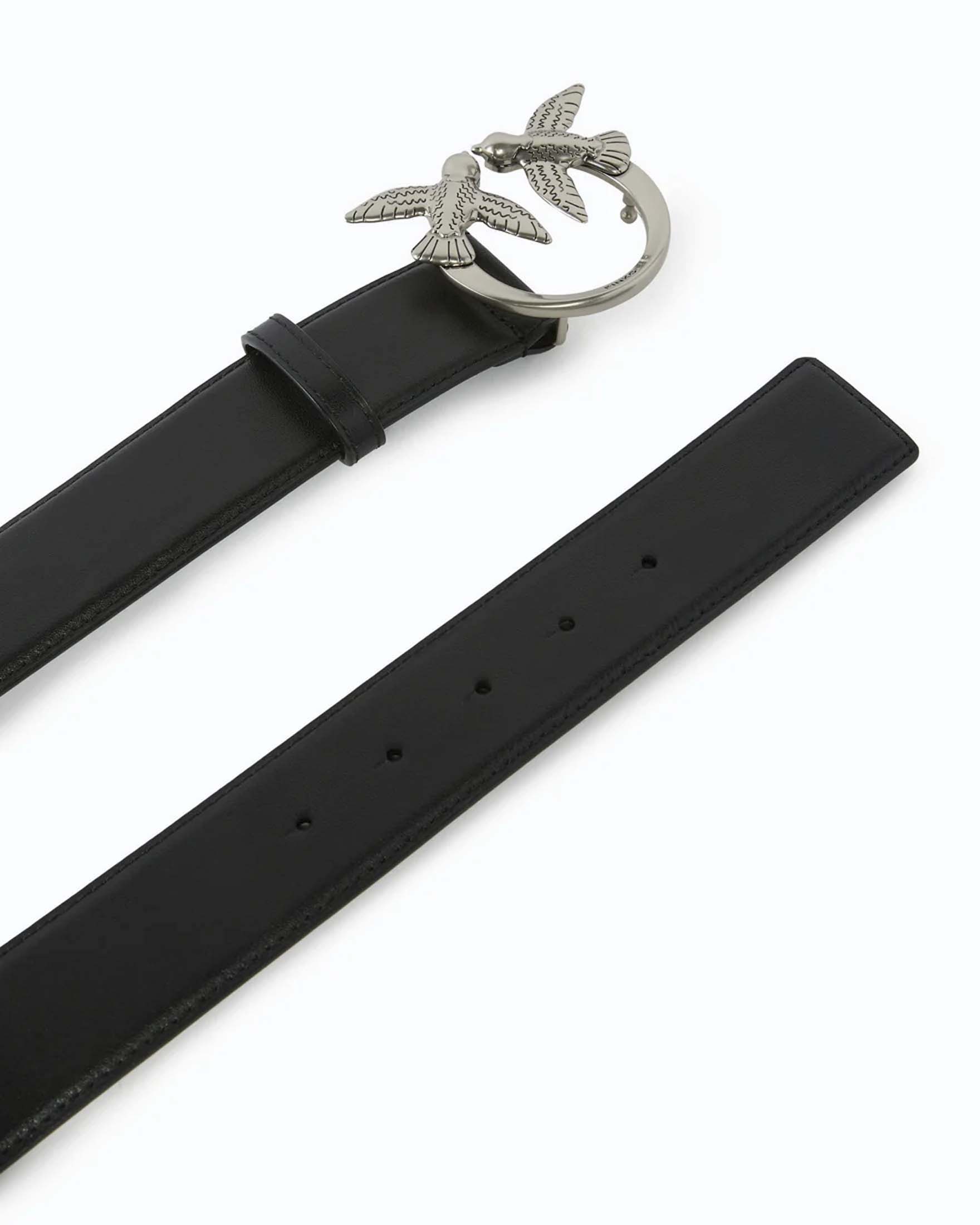 Cintura altezza media Pinko nera in pelle di vitello liscia con fibbia Love Birds argento image