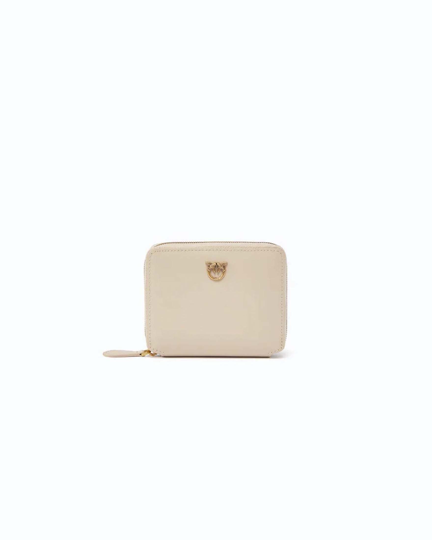 Portafoglio quadrato zip-around Pinko beige in pelle mano seta con logo Love Birds dorato