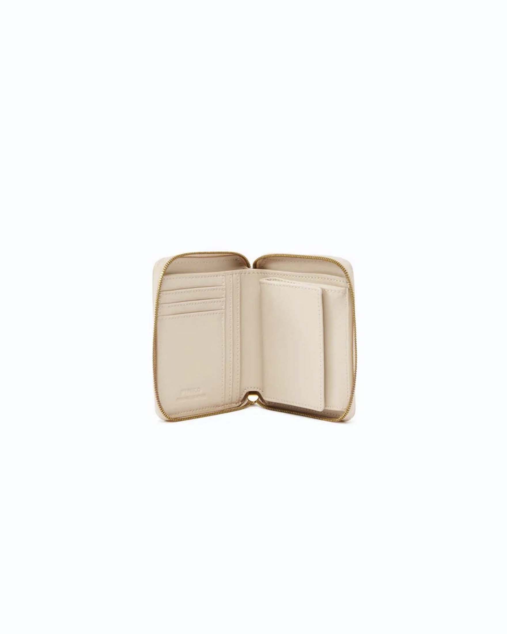 Portafoglio quadrato zip-around Pinko beige in pelle mano seta con logo Love Birds dorato image