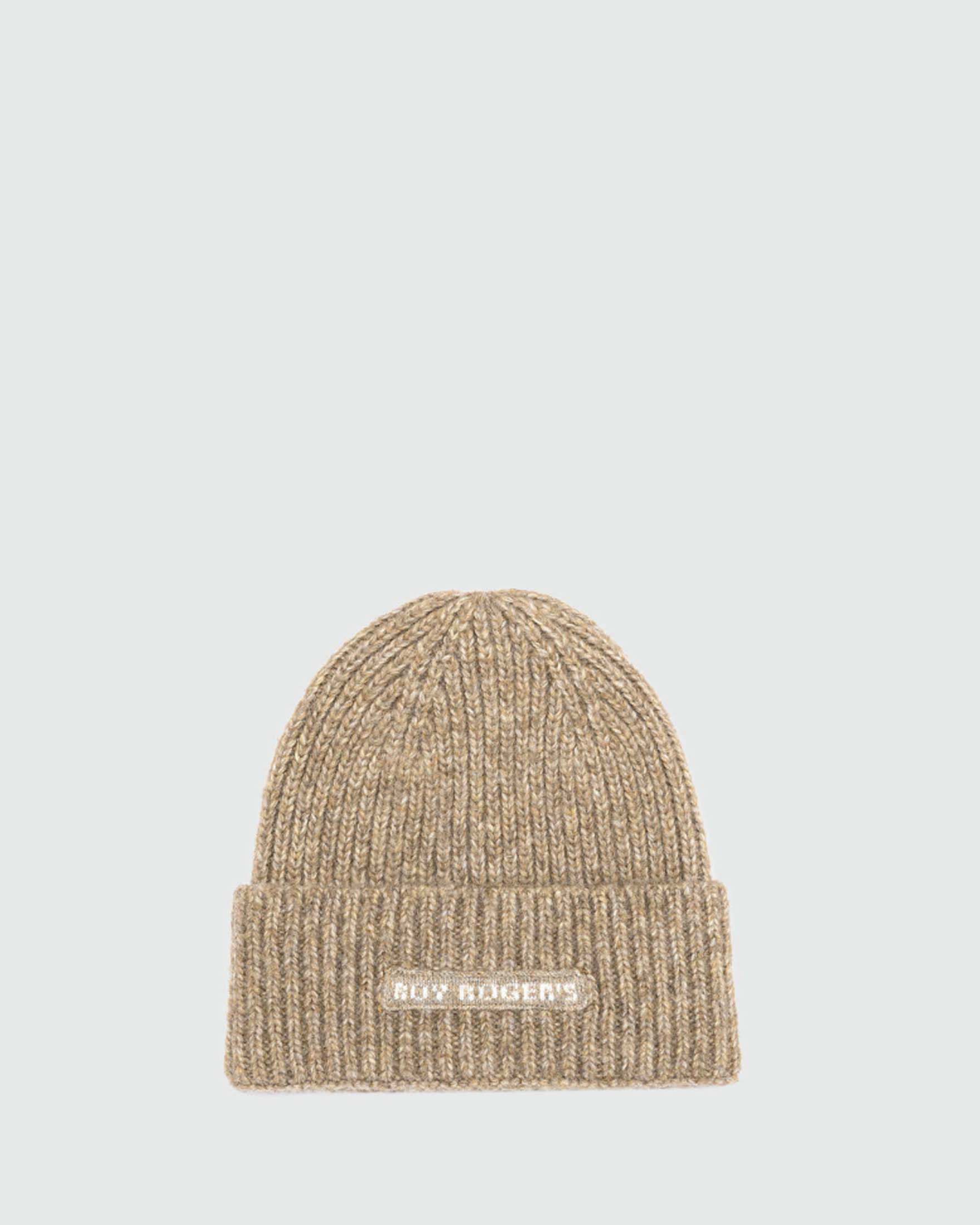 Berretto beanie Roy Roger's color cammello in misto lana a coste con logo jacquard
