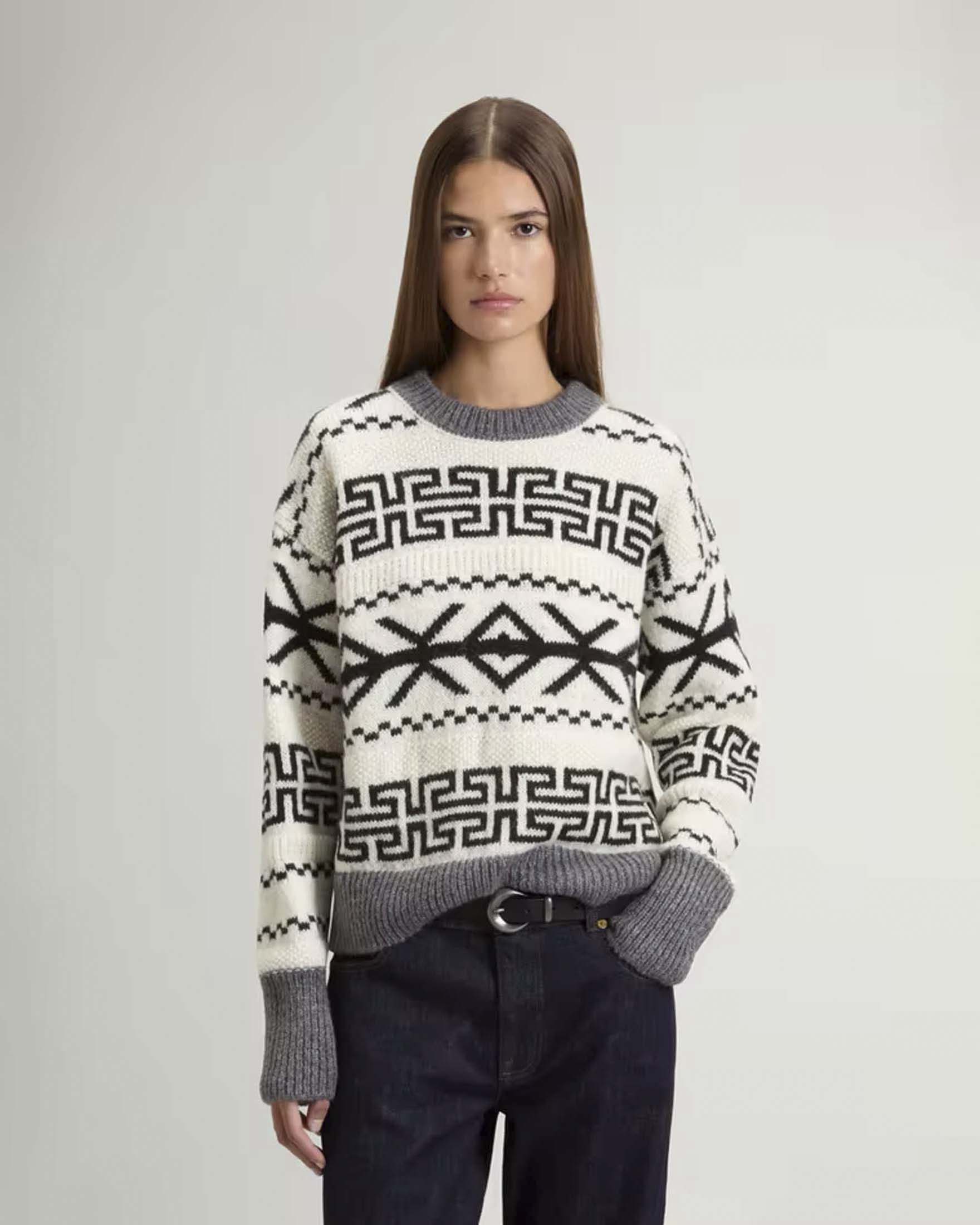 Maglione girocollo Woolrich bianco in misto mohair con motivo Fair Isle jacquard nero