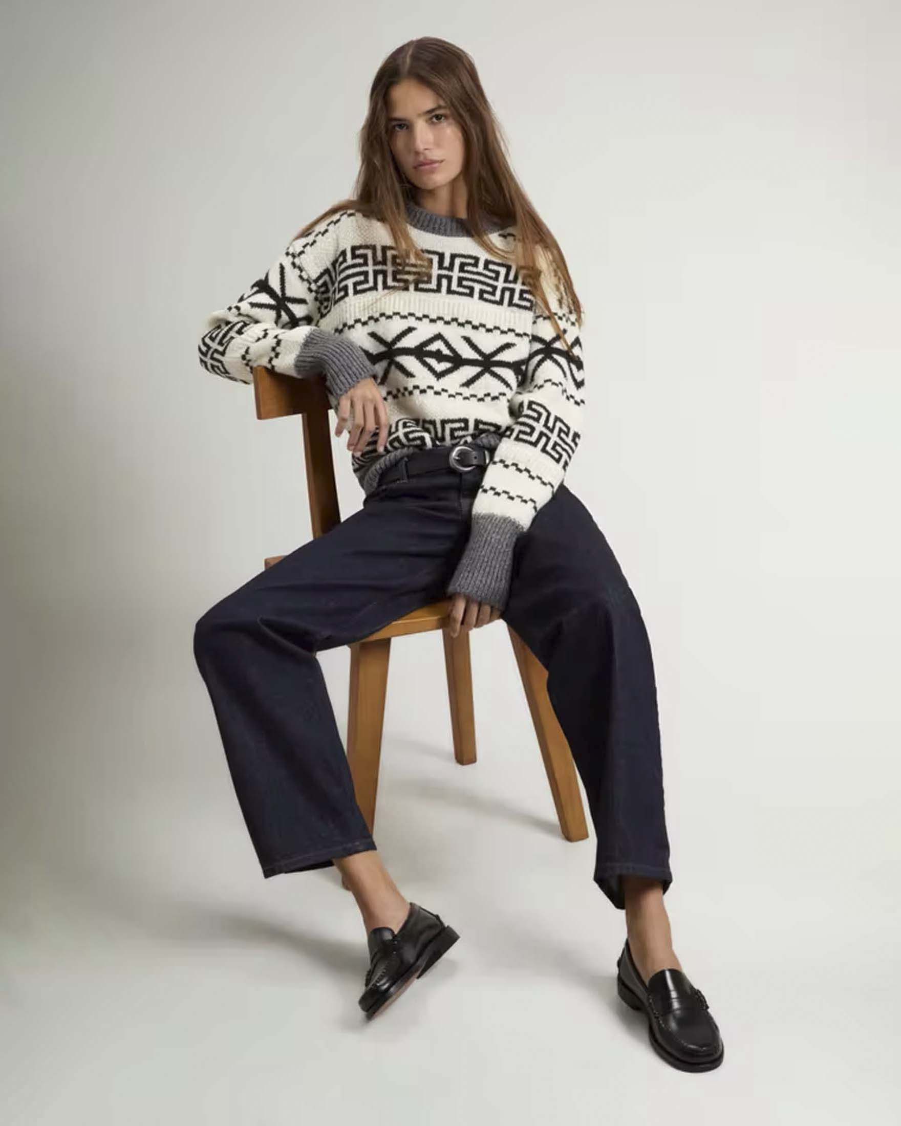 Maglione girocollo Woolrich bianco in misto mohair con motivo Fair Isle jacquard nero image