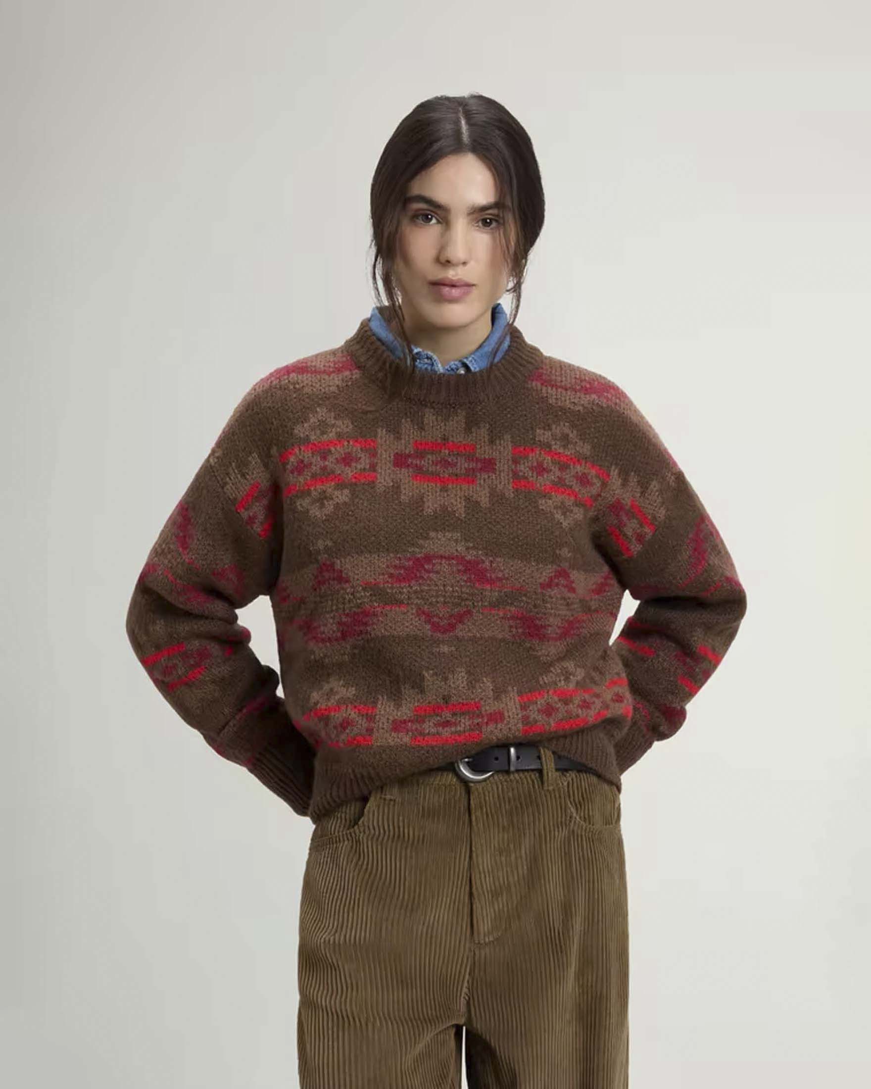 Maglione girocollo Woolrich color cuoio in misto mohair con motivo Fair Isle jacquard arancione