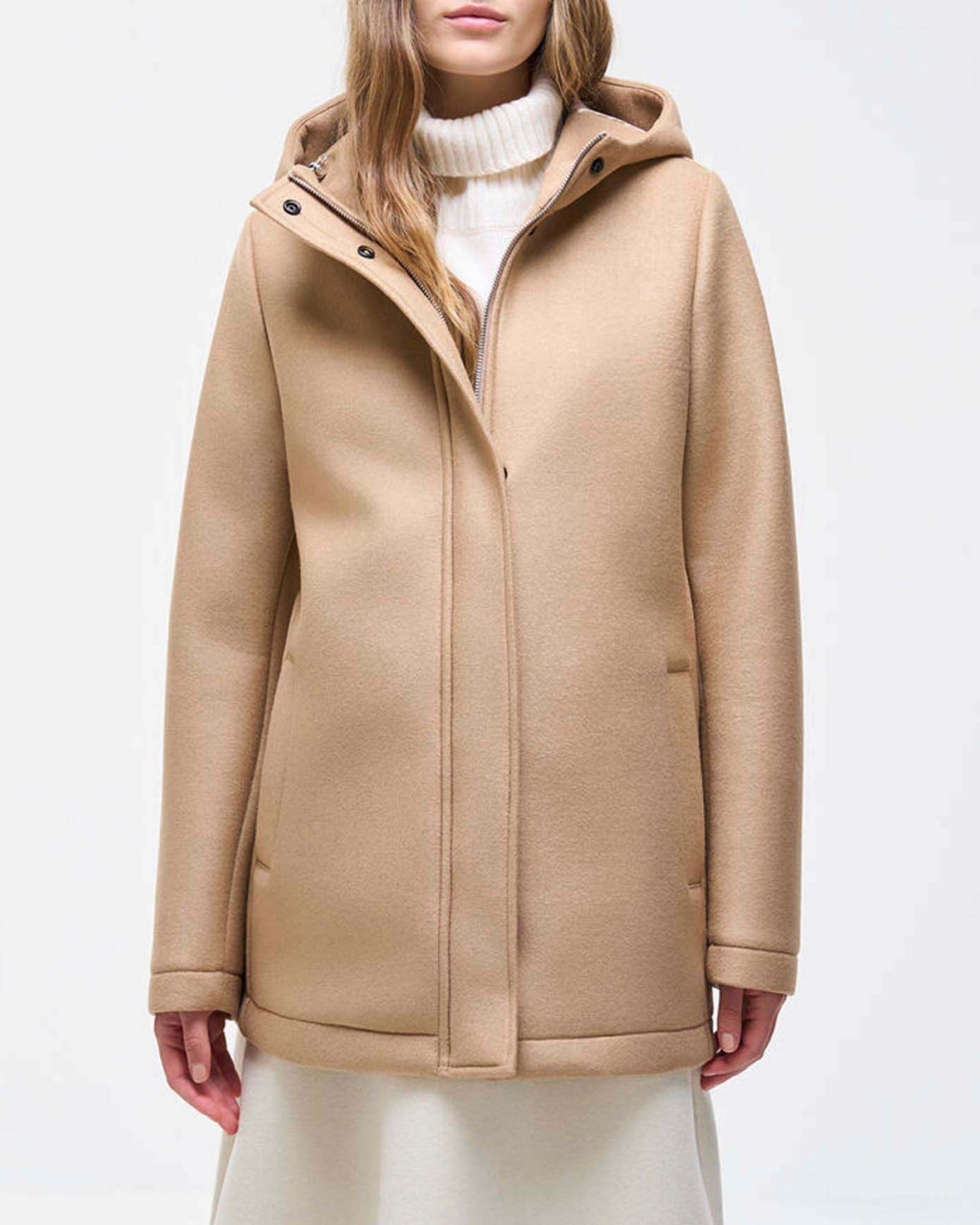 Cappotto Colmar Originals color cammello in panno di lana con cappuccio e chiusura doppia