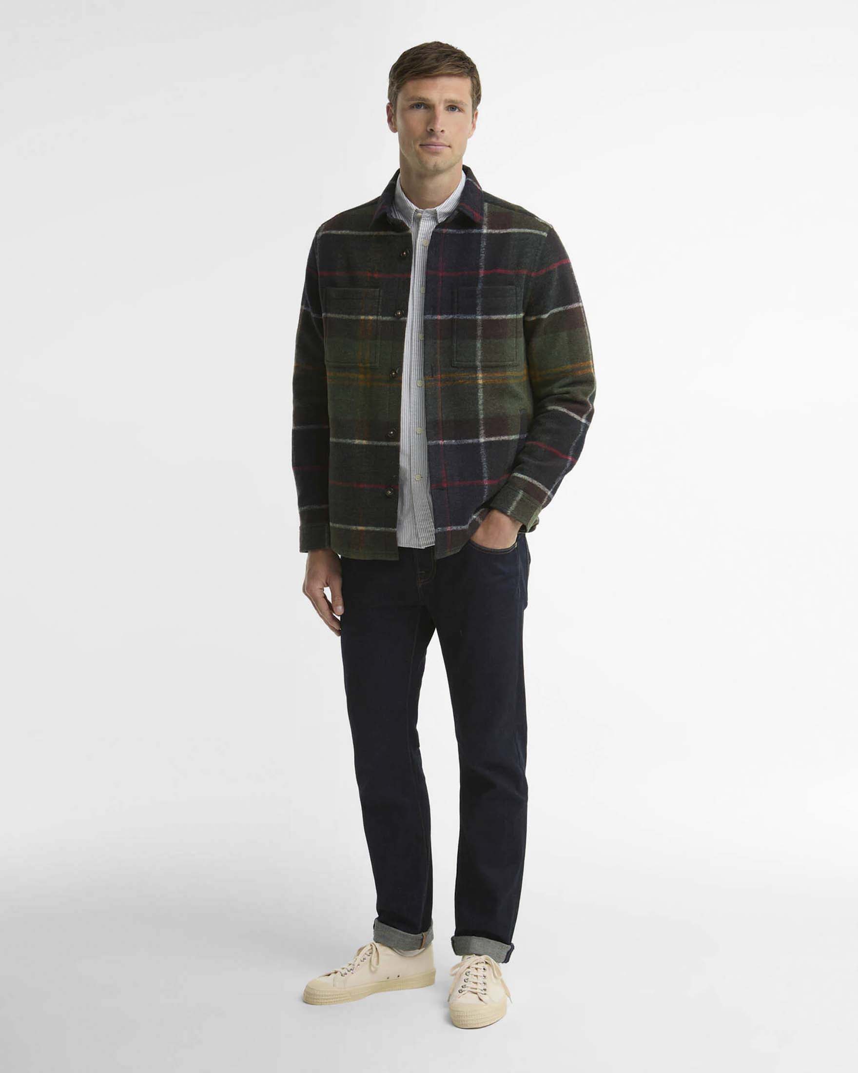 Overshirt Barbour Woodlane in misto lana tartan check verde e blu