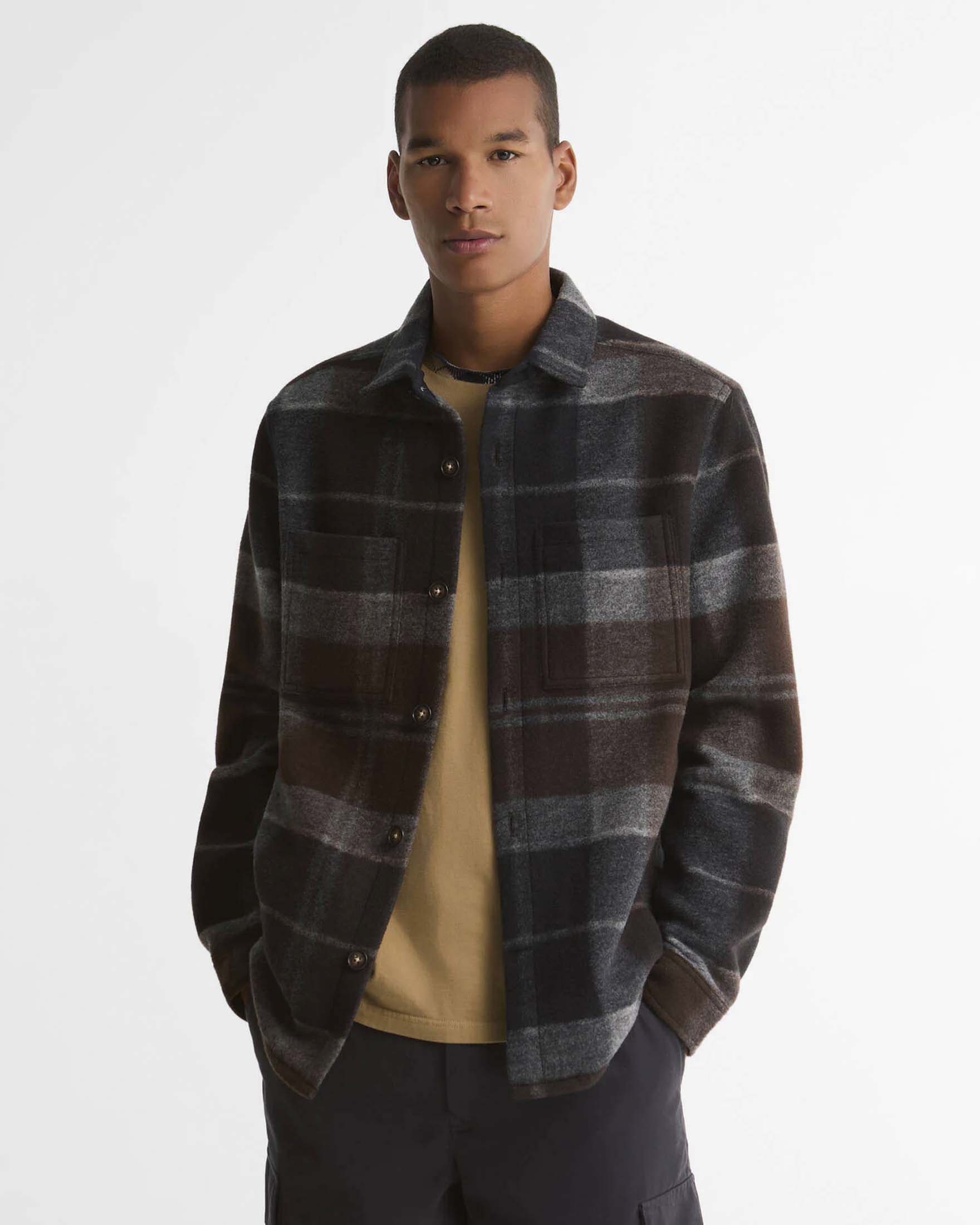 Overshirt Barbour Woodlane in misto lana tartan check marrone e grigio image