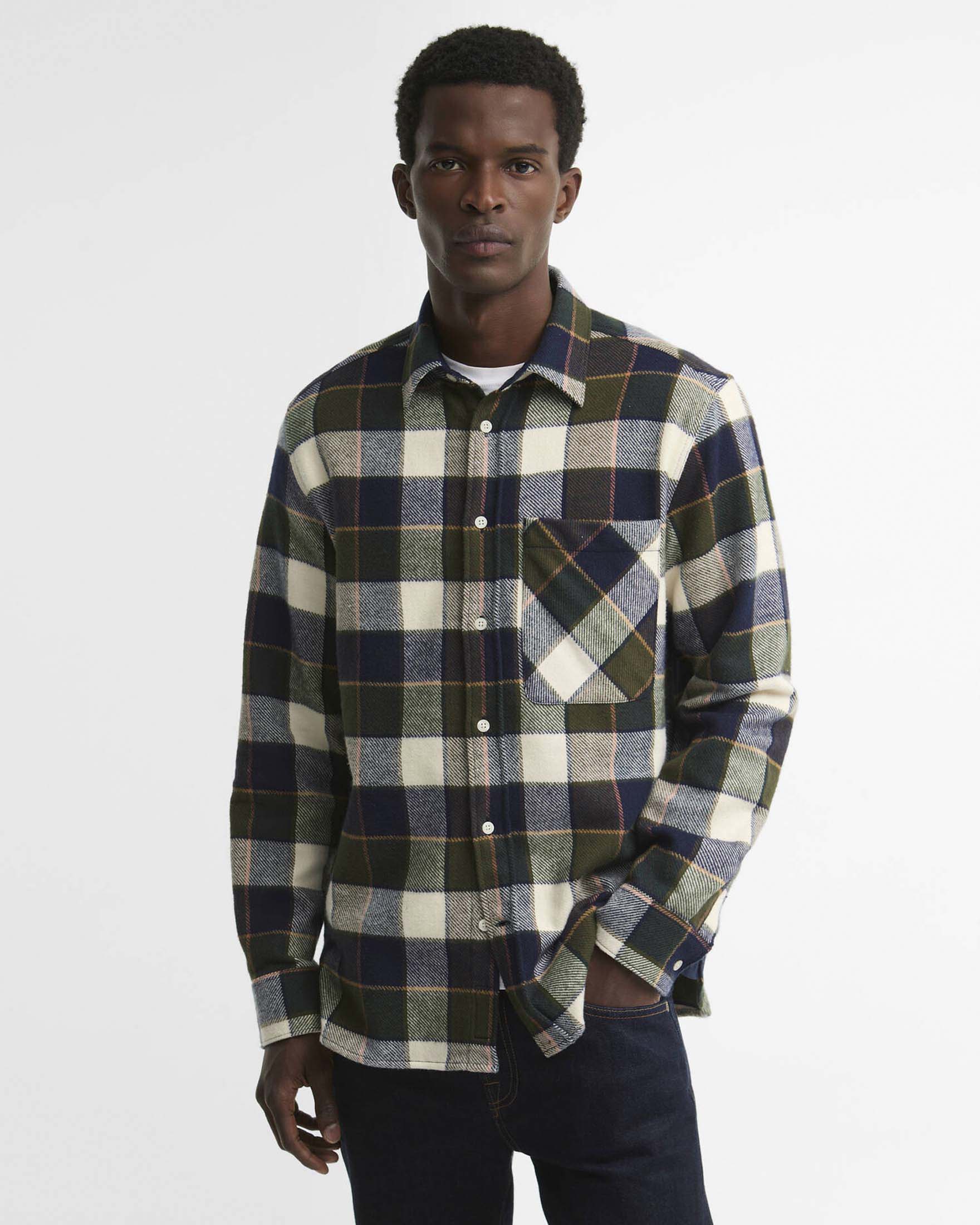 Camicia Barbour Bannock in flanella di cotone a quadri panna verde e blu image