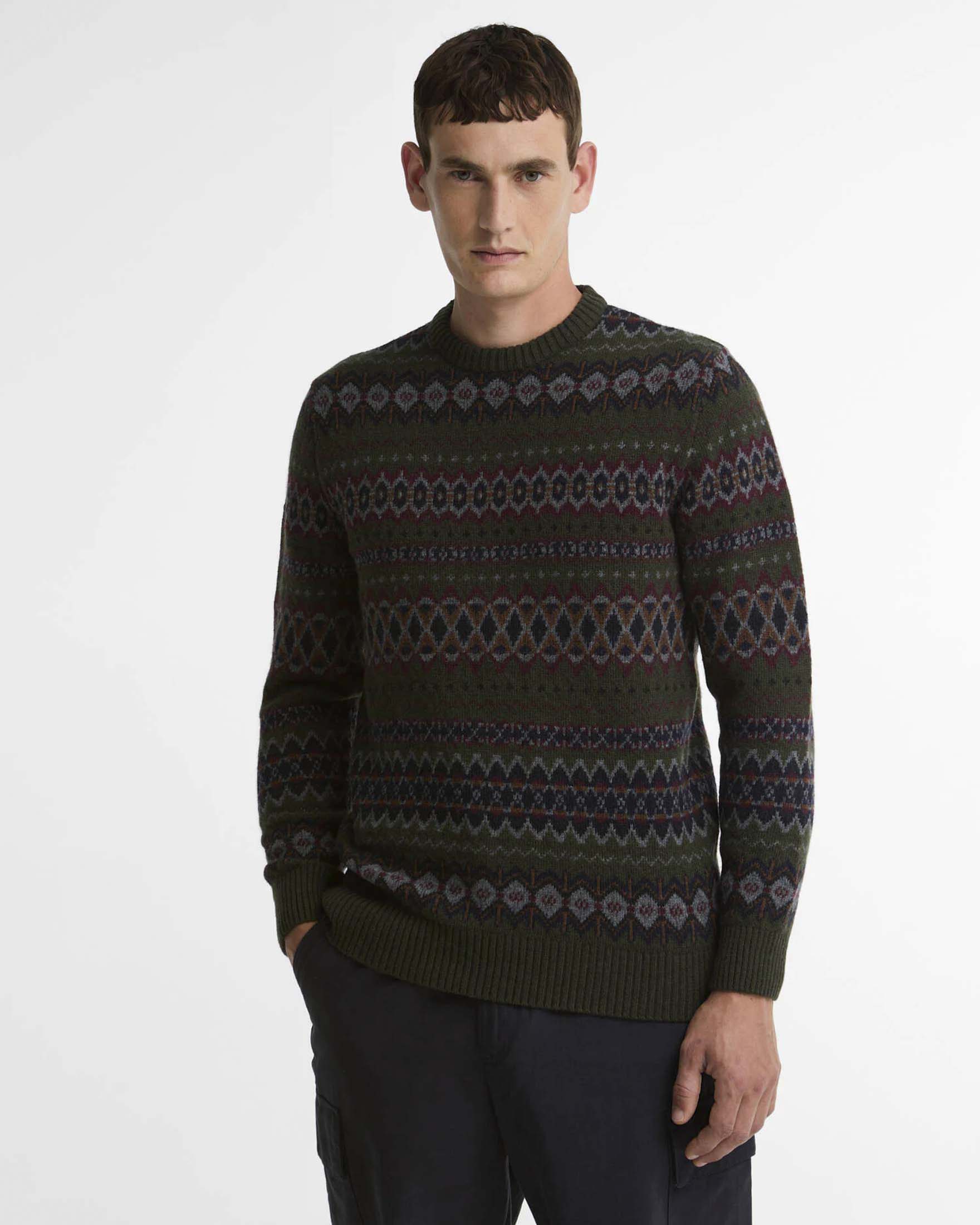 Maglia Barbour verde girocollo in pura lana con fantasia norvegese image