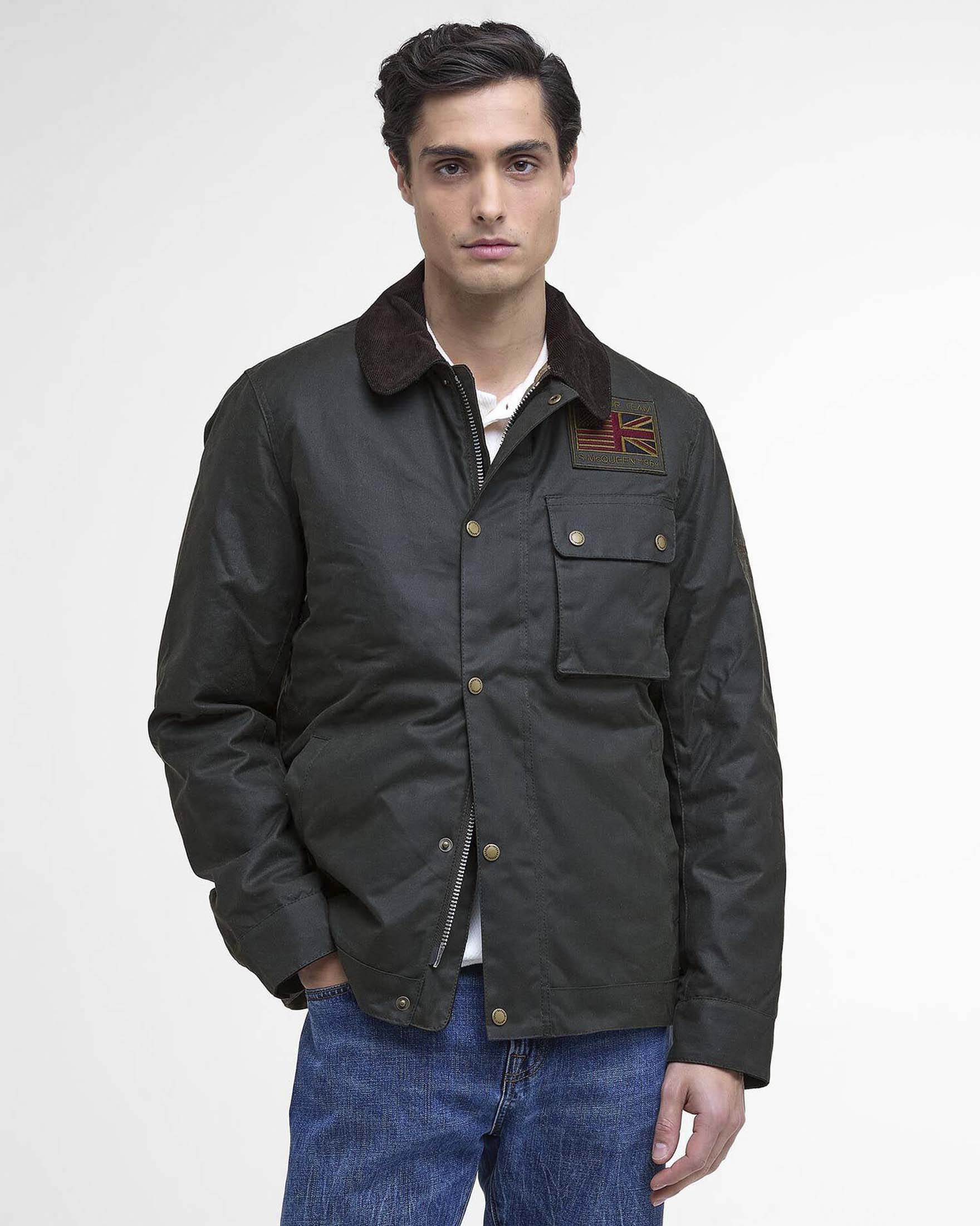 Giacca Barbour International Workers Wax Steve McQueen verde militare in cotone cerato image
