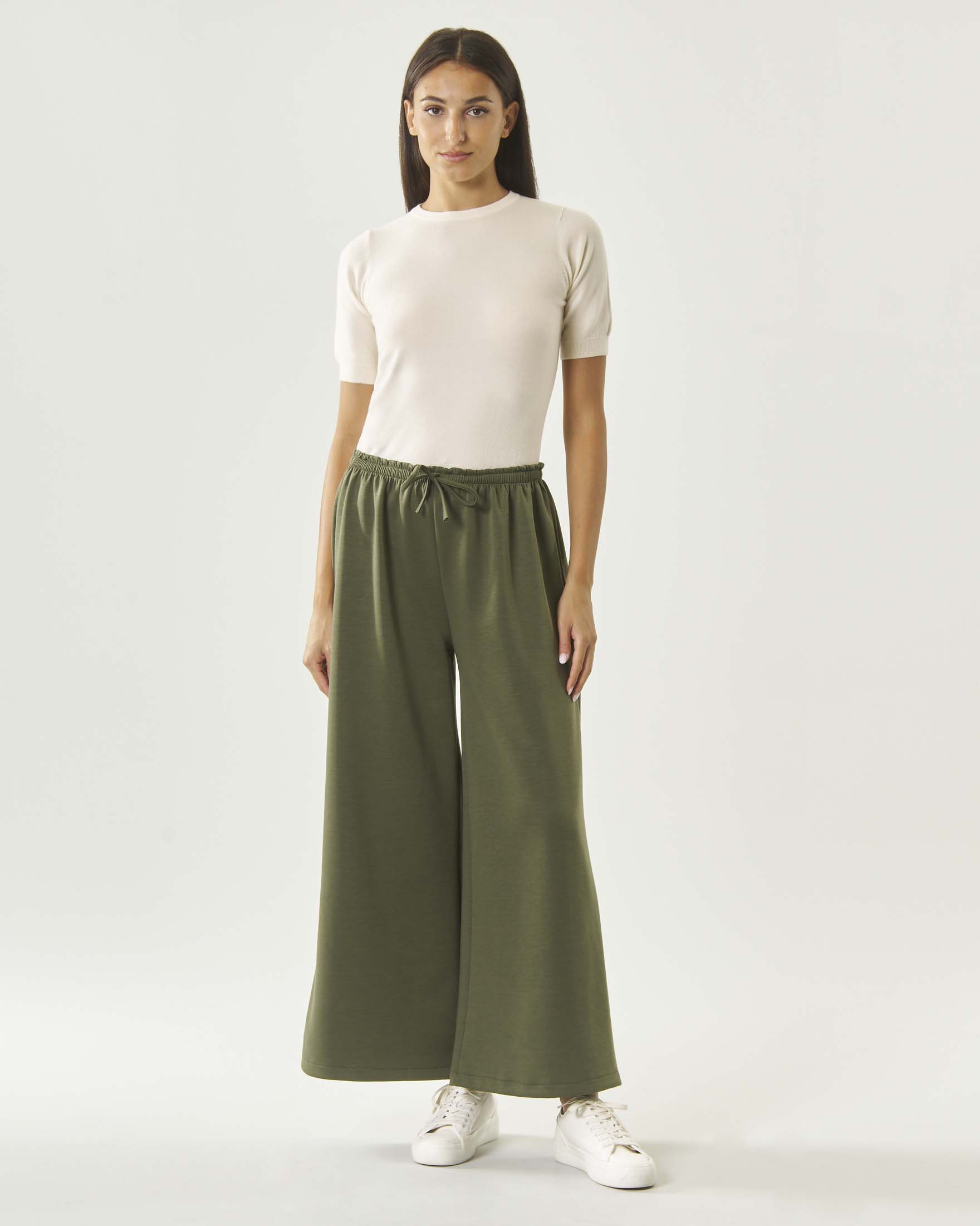 Pantaloni palazzo Hlo! verdi militare in scuba di viscosa con coulisse regolabile e vita elasticizzata