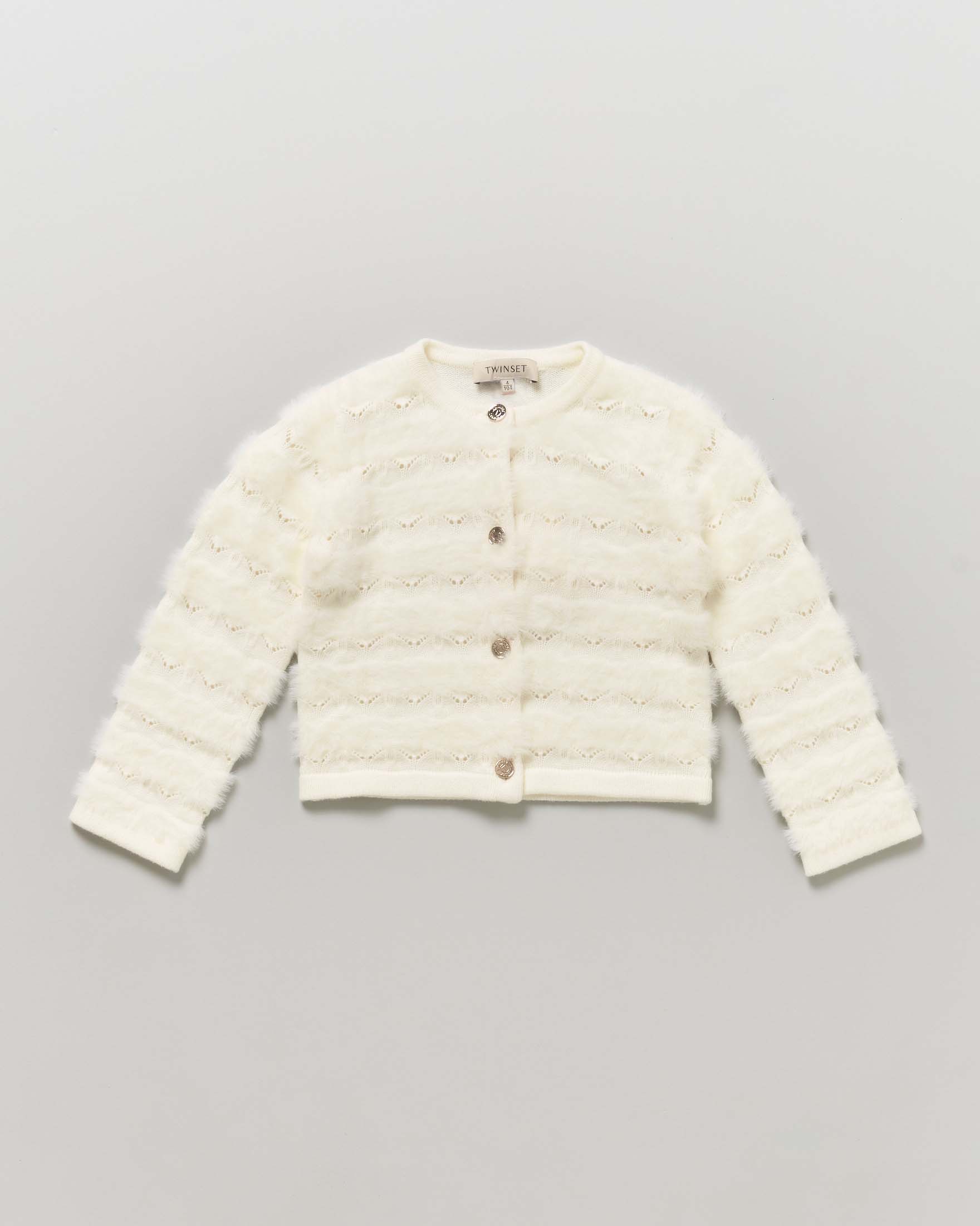 Cardigan avorio Twinset in tessuto ricamato e pelosetto