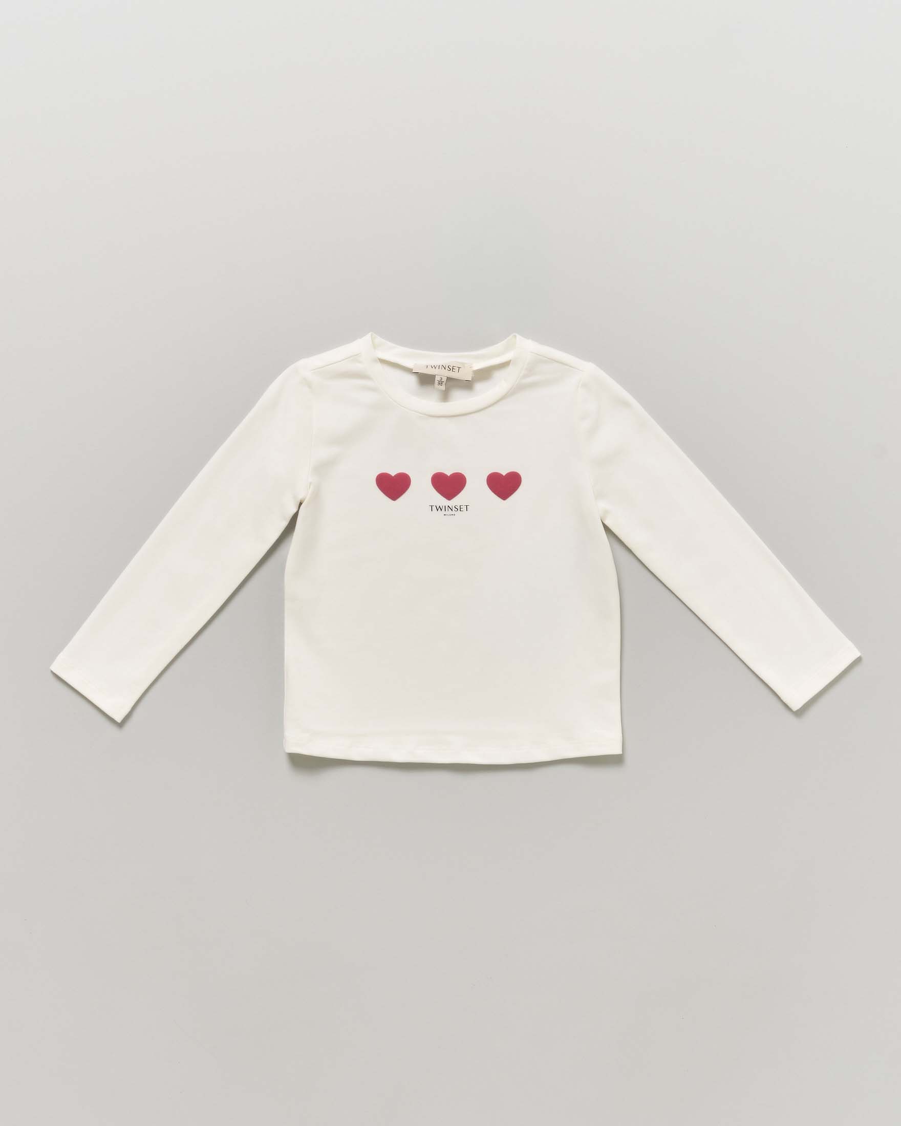 T-shirt avorio Twinset in cotone stretch a maniche lunghe e cuoricini