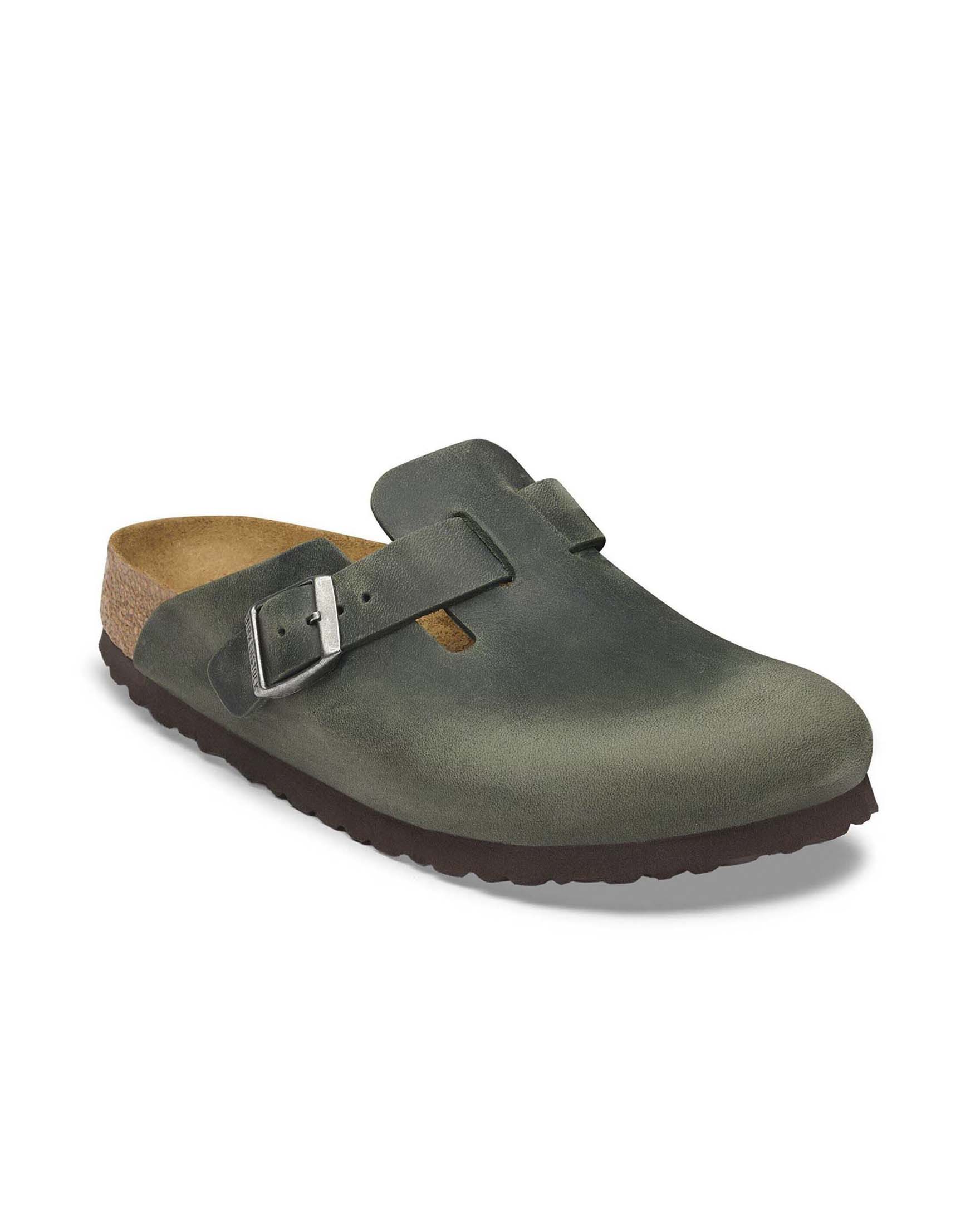 Sabot Birkenstock Boston in pelle nabuk oliata verde timo