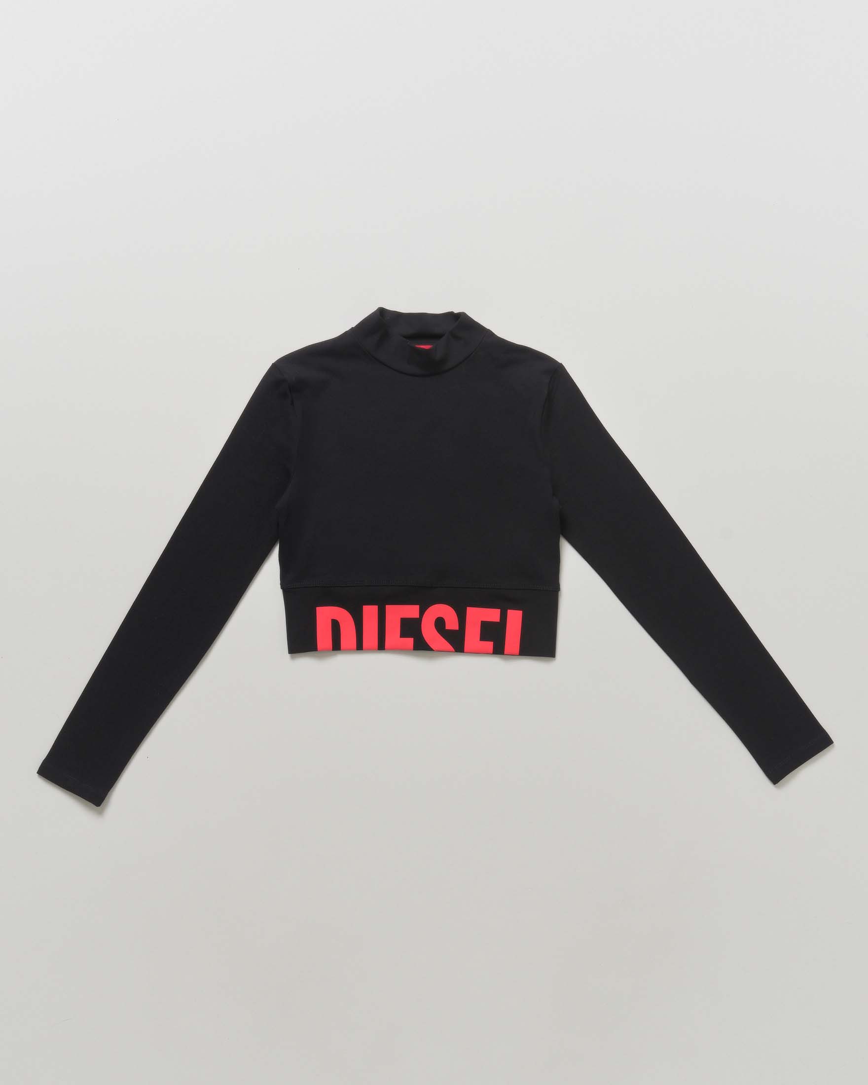 T-shirt cropped nera Diesel a lupetto e scritta logo rossa