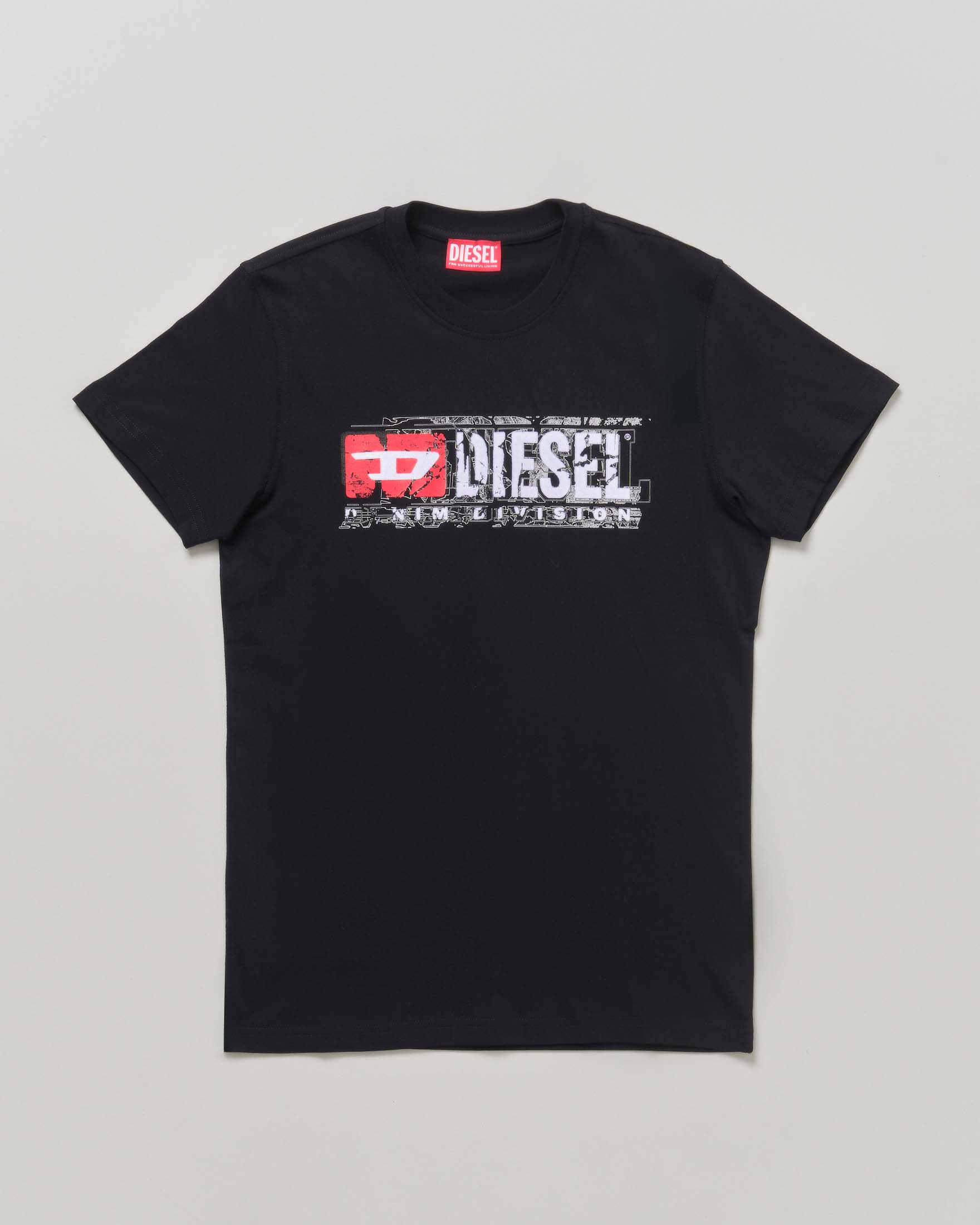 T-shirt nera Diesel in puro cotone con logo destroyed sul petto in contrasto colore.