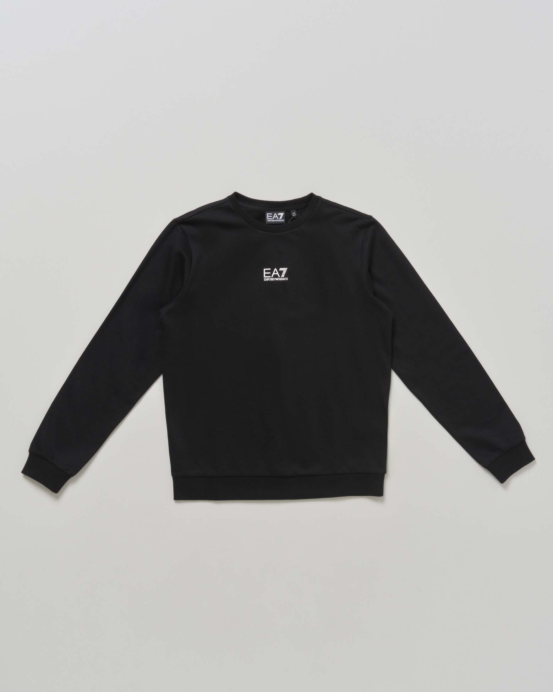 Felpa nera EA7 Junior in puro cotone garzato con logo bianco