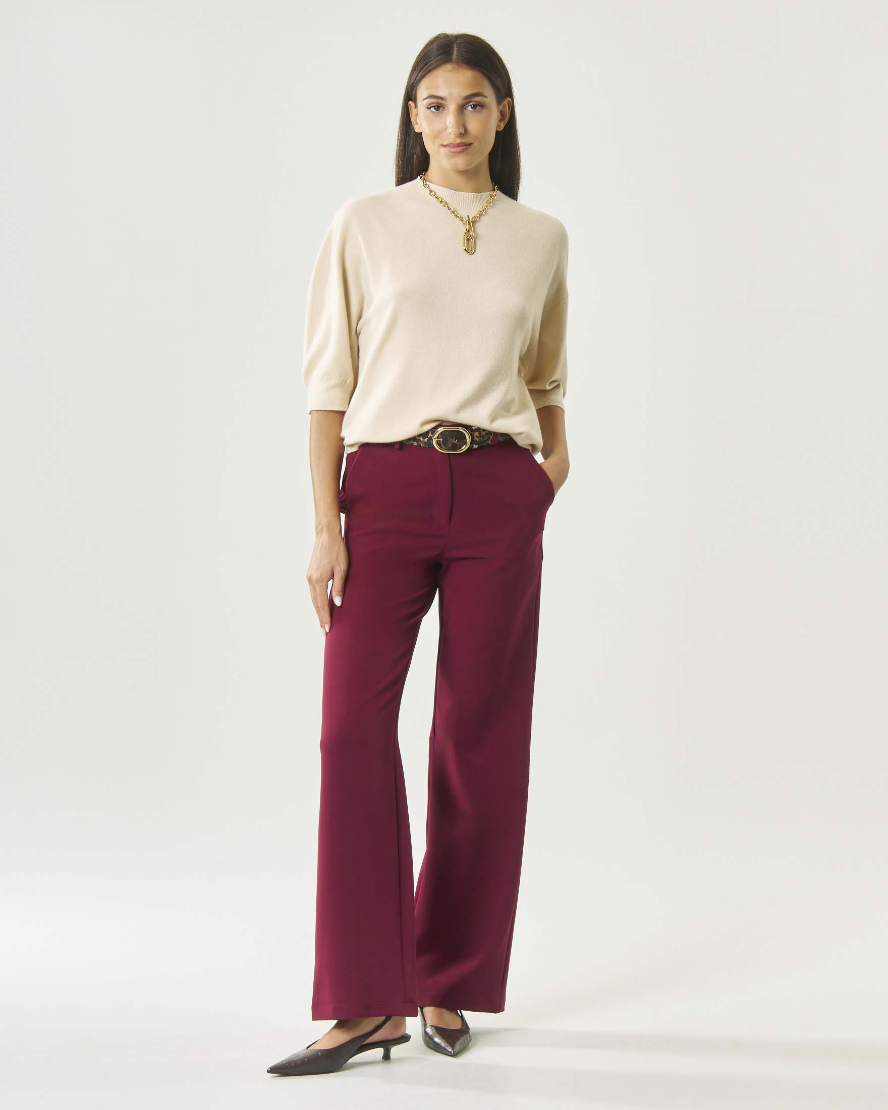 Pantaloni bootcut Hlo! bordeaux in tessuto bistretch con chiusura zip e bottone