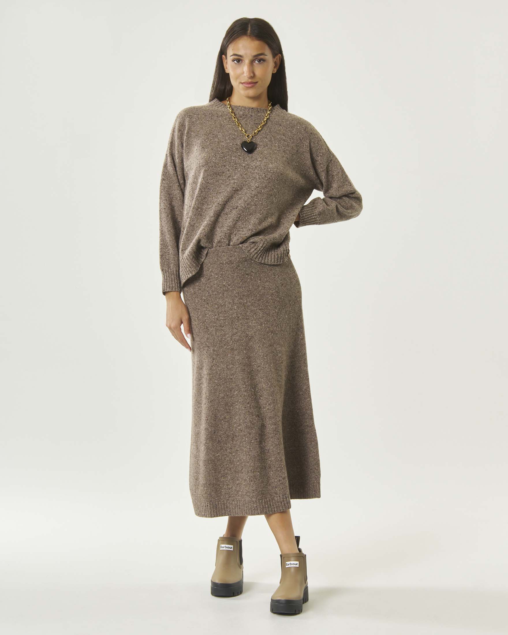 Gonna midi svasata Weekend Max Mara color noce in misto lana effetto tweed con bordo a costine