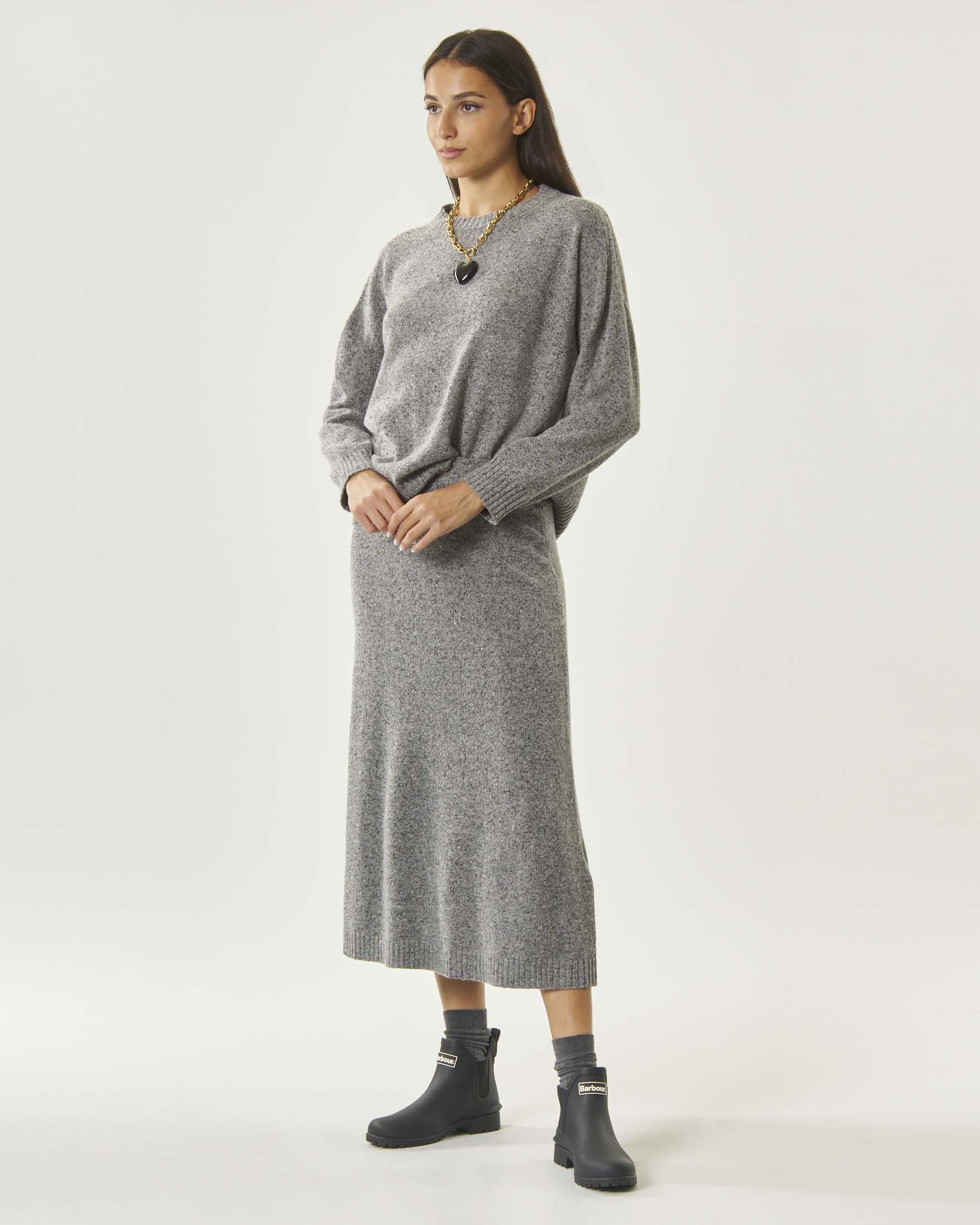 Gonna midi svasata Weekend Max Mara grigia in misto lana effetto tweed con bordo a costine