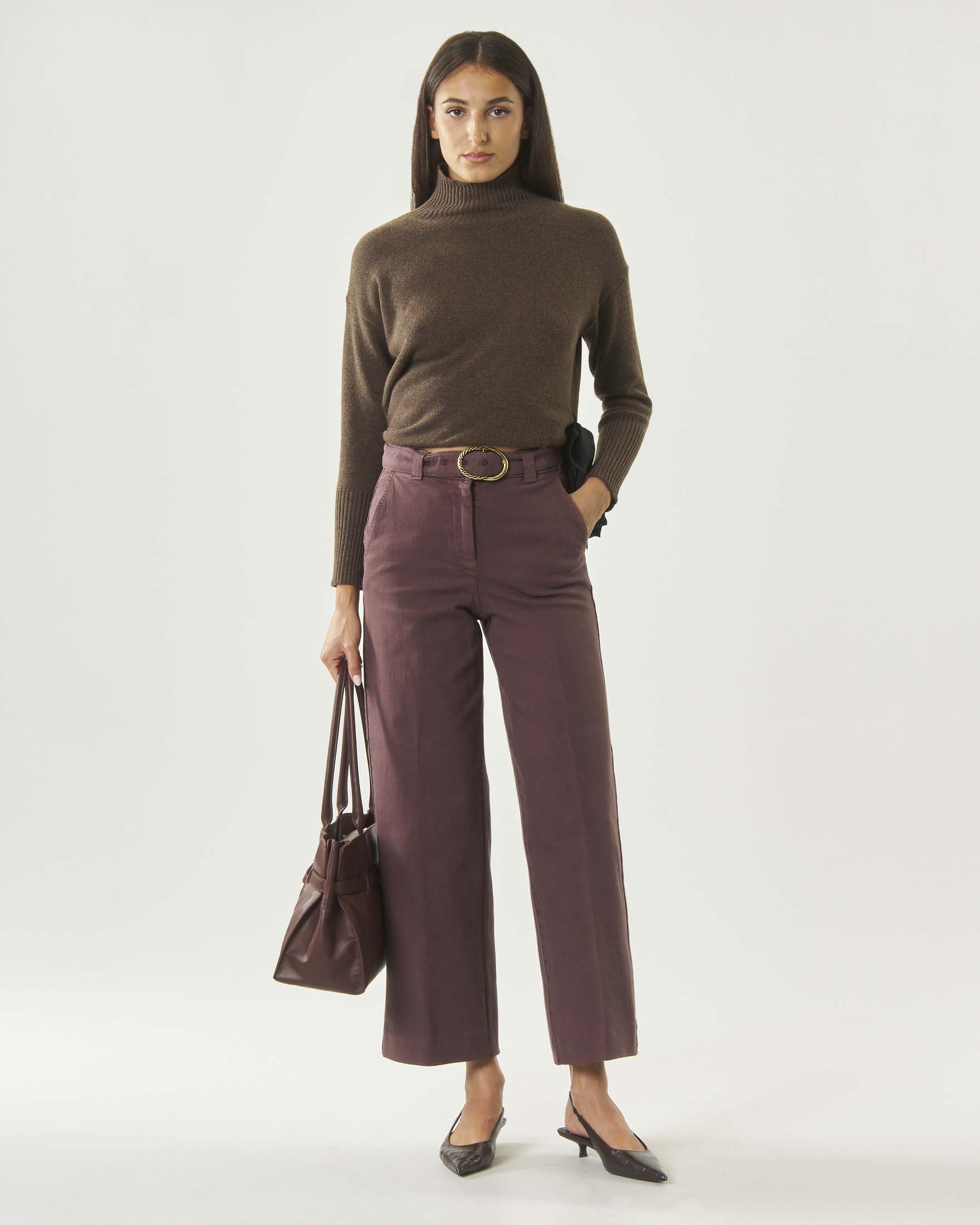 Pantalone ampi cropped Marella Sport marrone in cotone stretch con chiusura a gancio e cintura