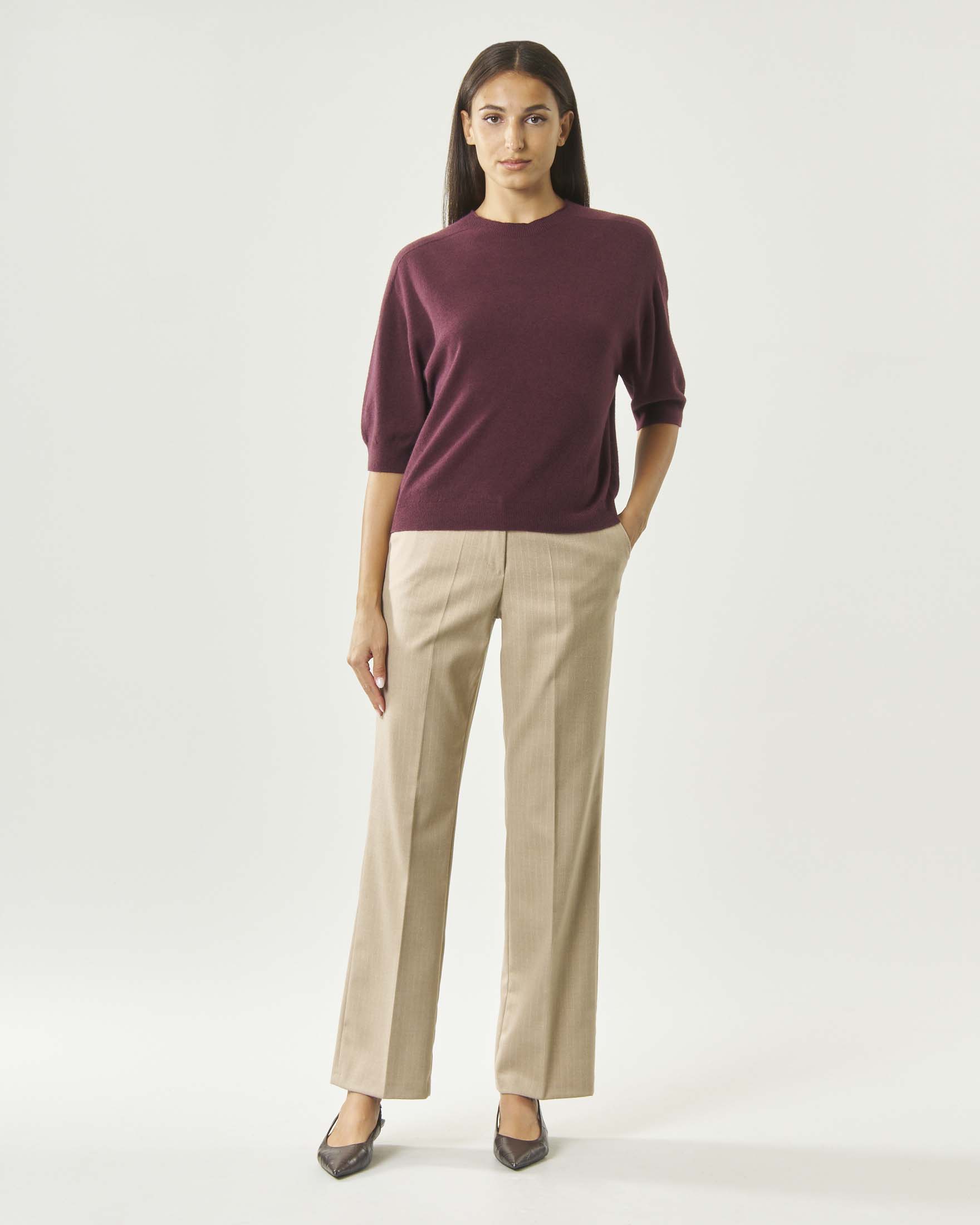Pantaloni a gamba dritta Hlo! beige gessati chiaro in misto viscosa con tasche laterali alla francese