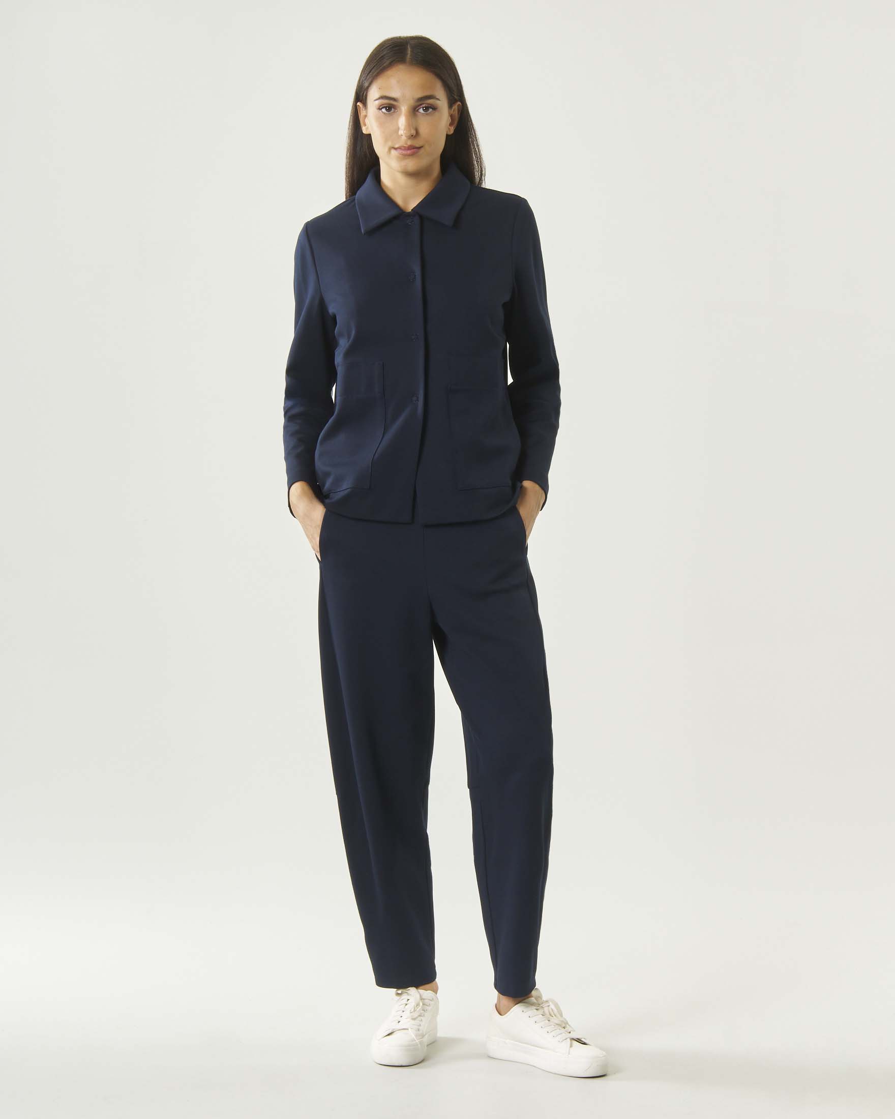 Pantaloni tricot balloon Jurerê blu in misto viscosa con tasche alla francese e vita elasticizzata