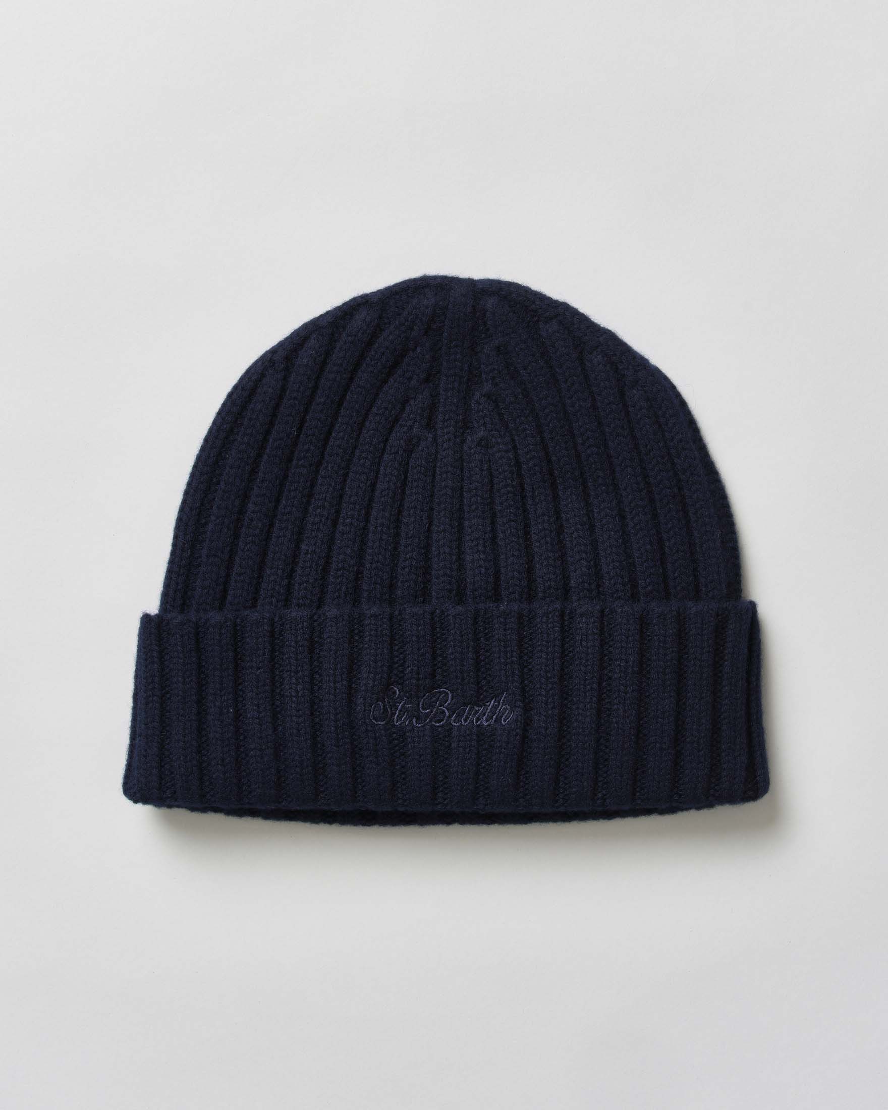 Berretto MC2 Saint Barth blu in maglia di lana a coste inglesi con ricamo St.Barth sul risvolto tono su tono
