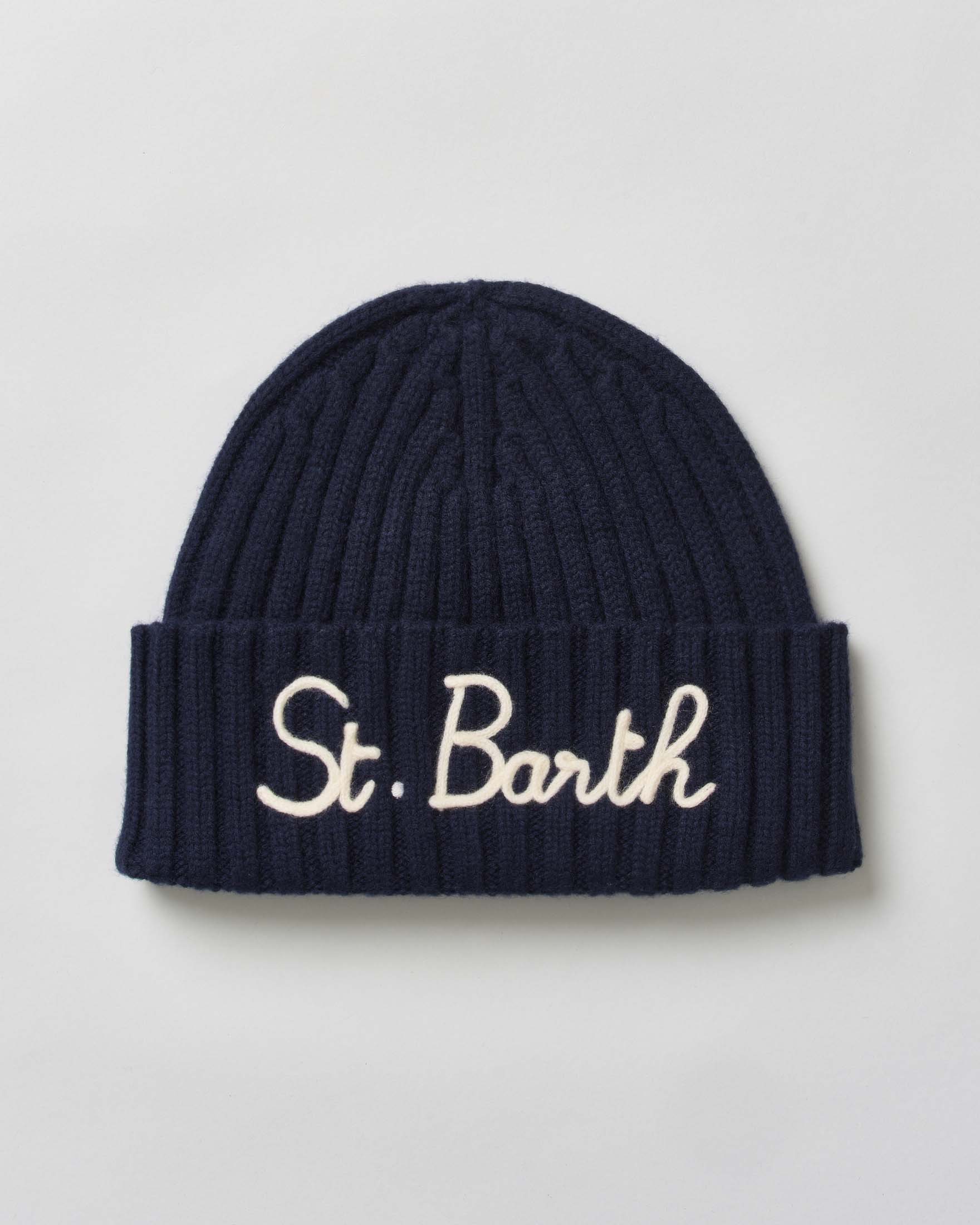 Berretto MC2 Saint Barth blu in maglia di lana e cachemire a coste inglesi con ricamo St.Barth sul risvolto