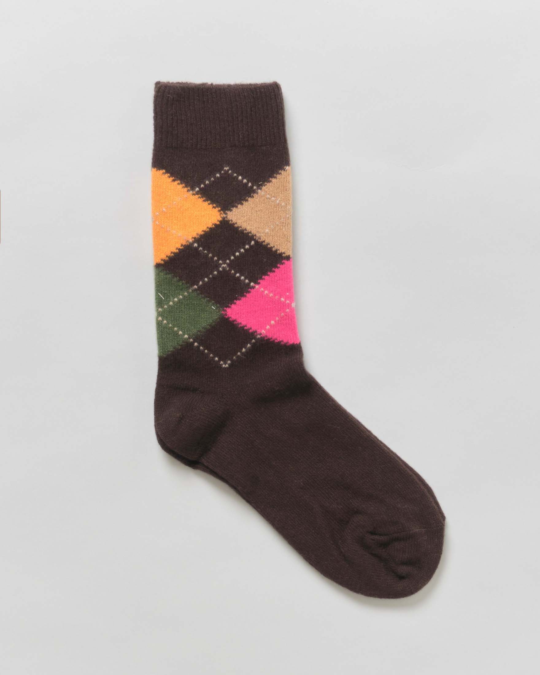 Calzini sopra la caviglia Ladycash Pellizzari marroni in lana e cashmere a rombi fucsia e arancioni