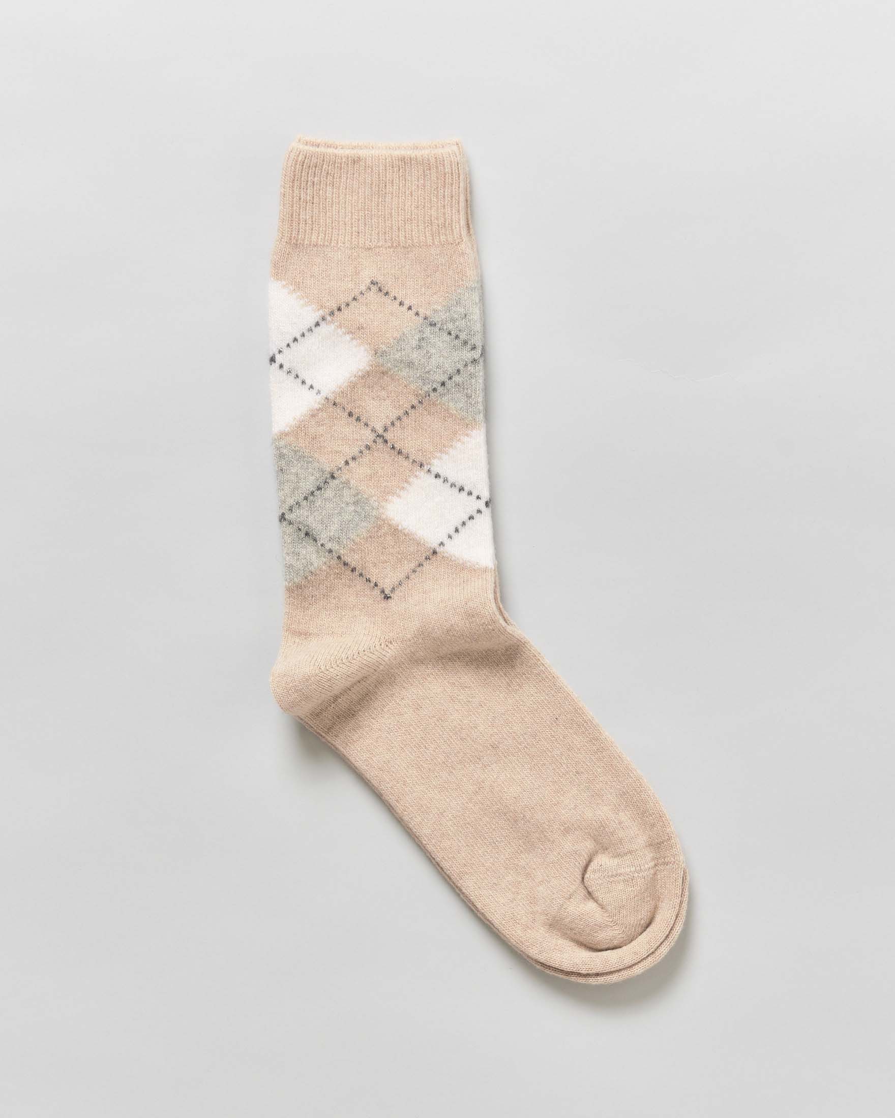 Calzini sopra la caviglia Ladycash Pellizzari color sabbia in lana e cashmere a rombi grigi e panna