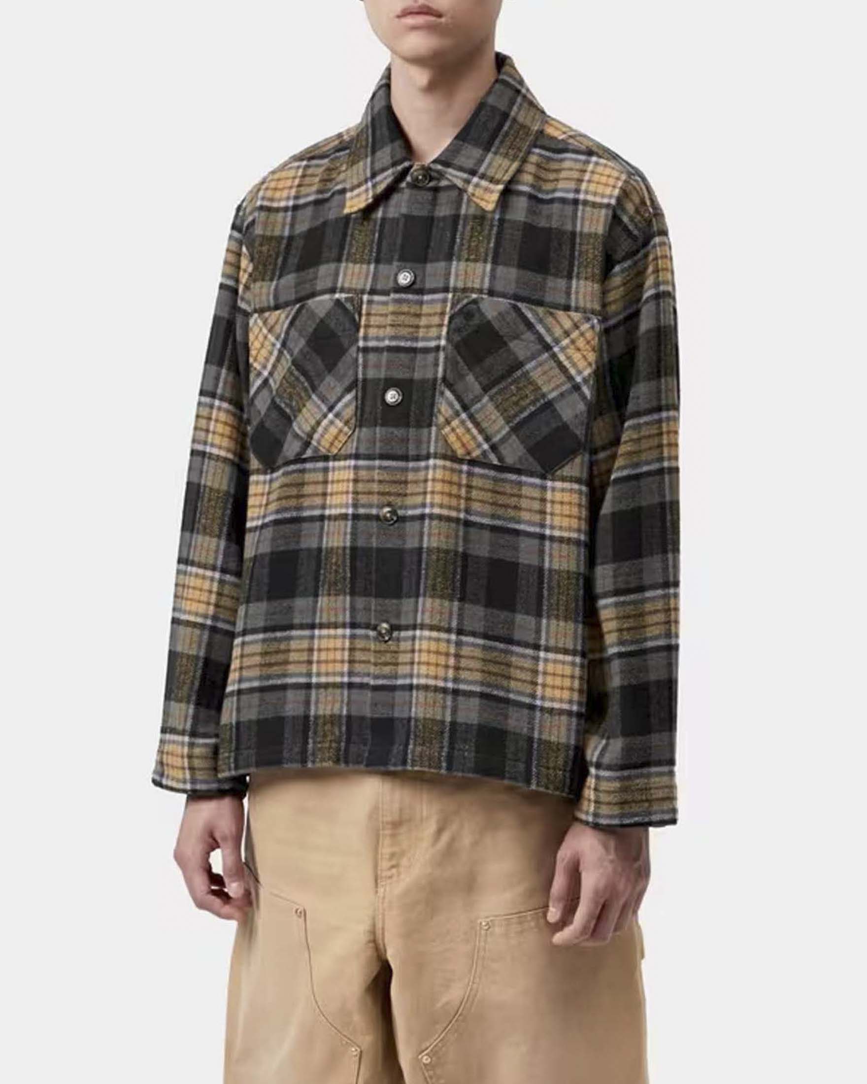 Camicia Carhartt Parson Shirt boxy fit in misto lana a quadri cammello grigi e neri