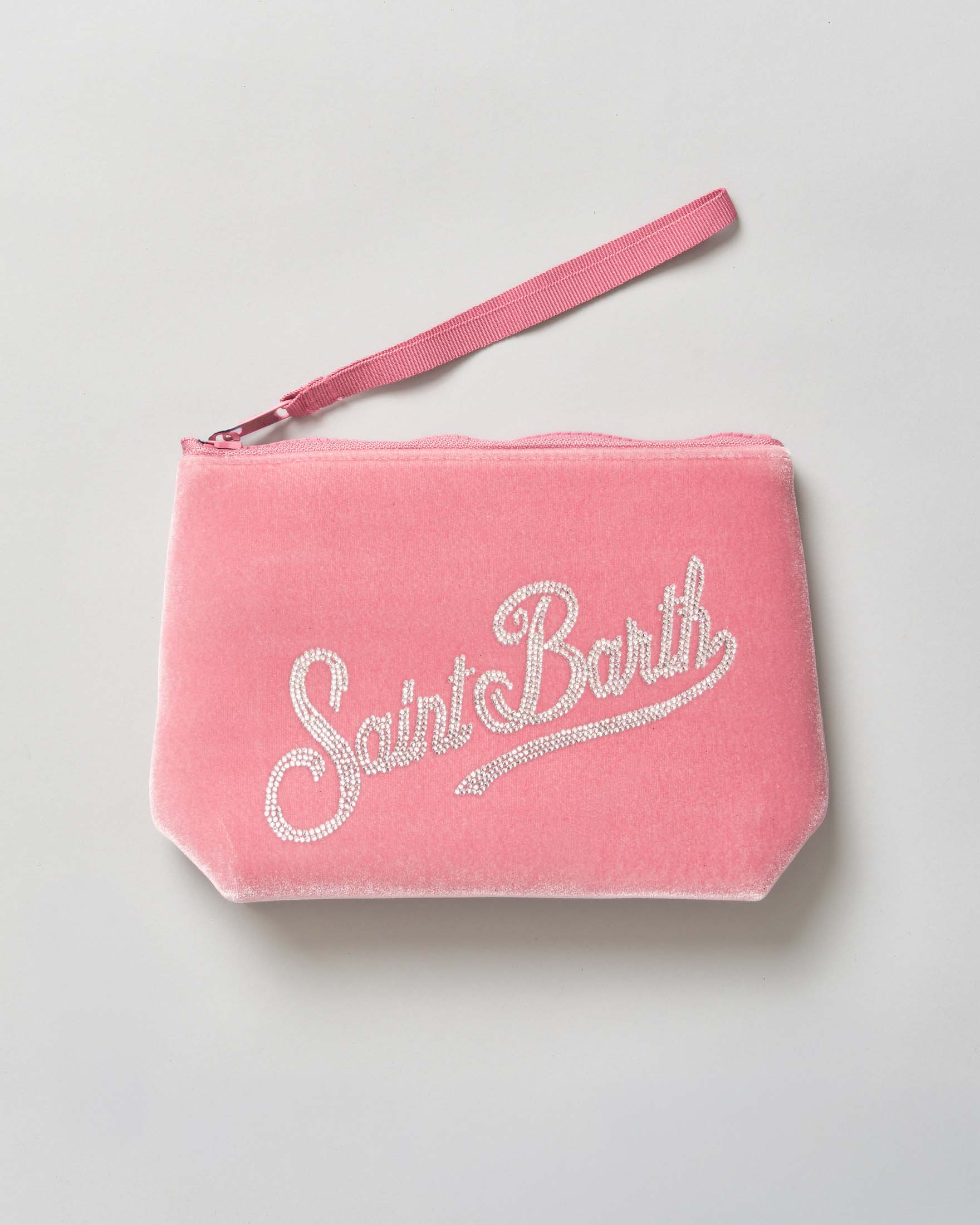 Pochette Aline MC2 Saint Barth in velluto rosa con logo strass