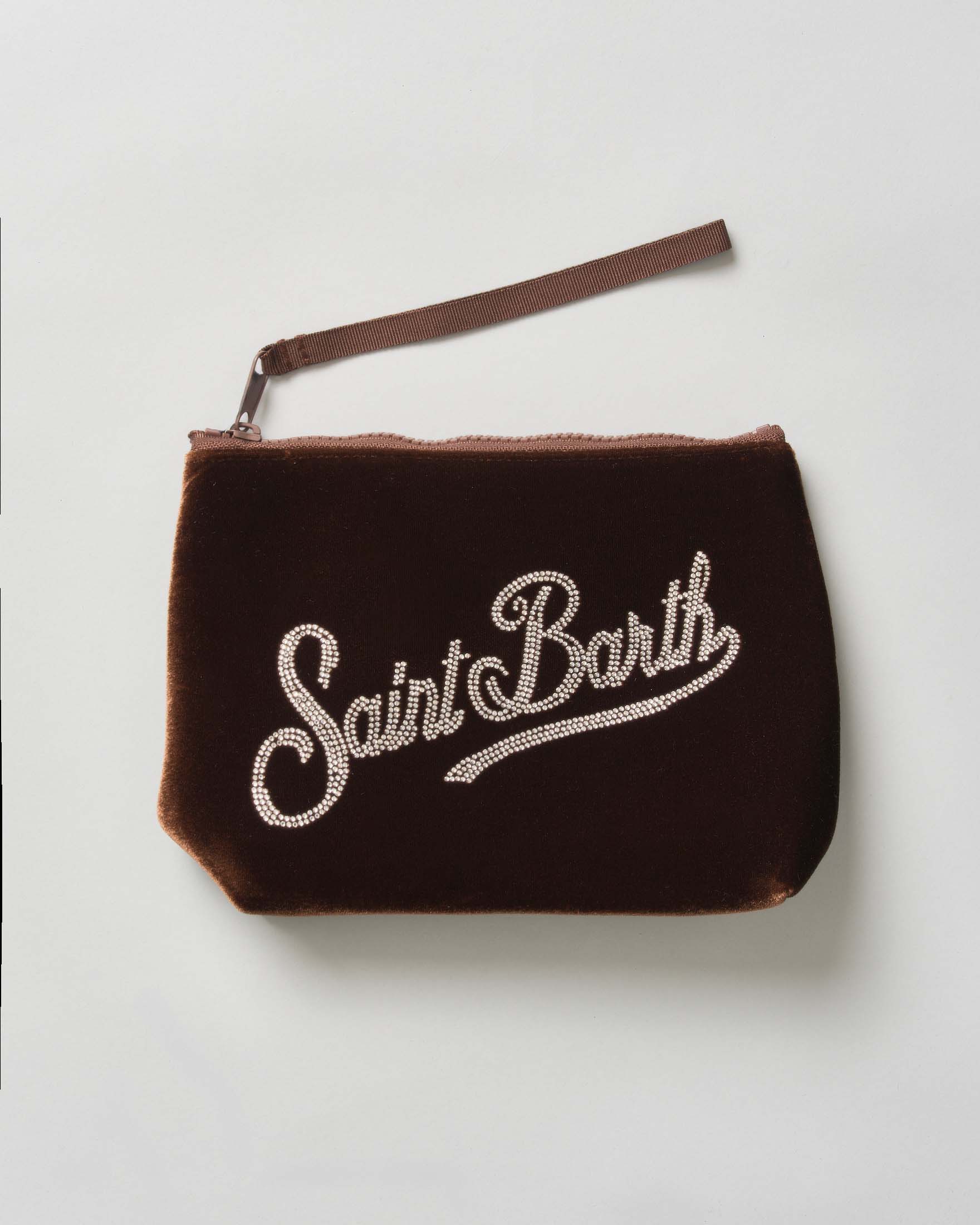Pochette Aline MC2 Saint Barth in velluto marrone con logo strass