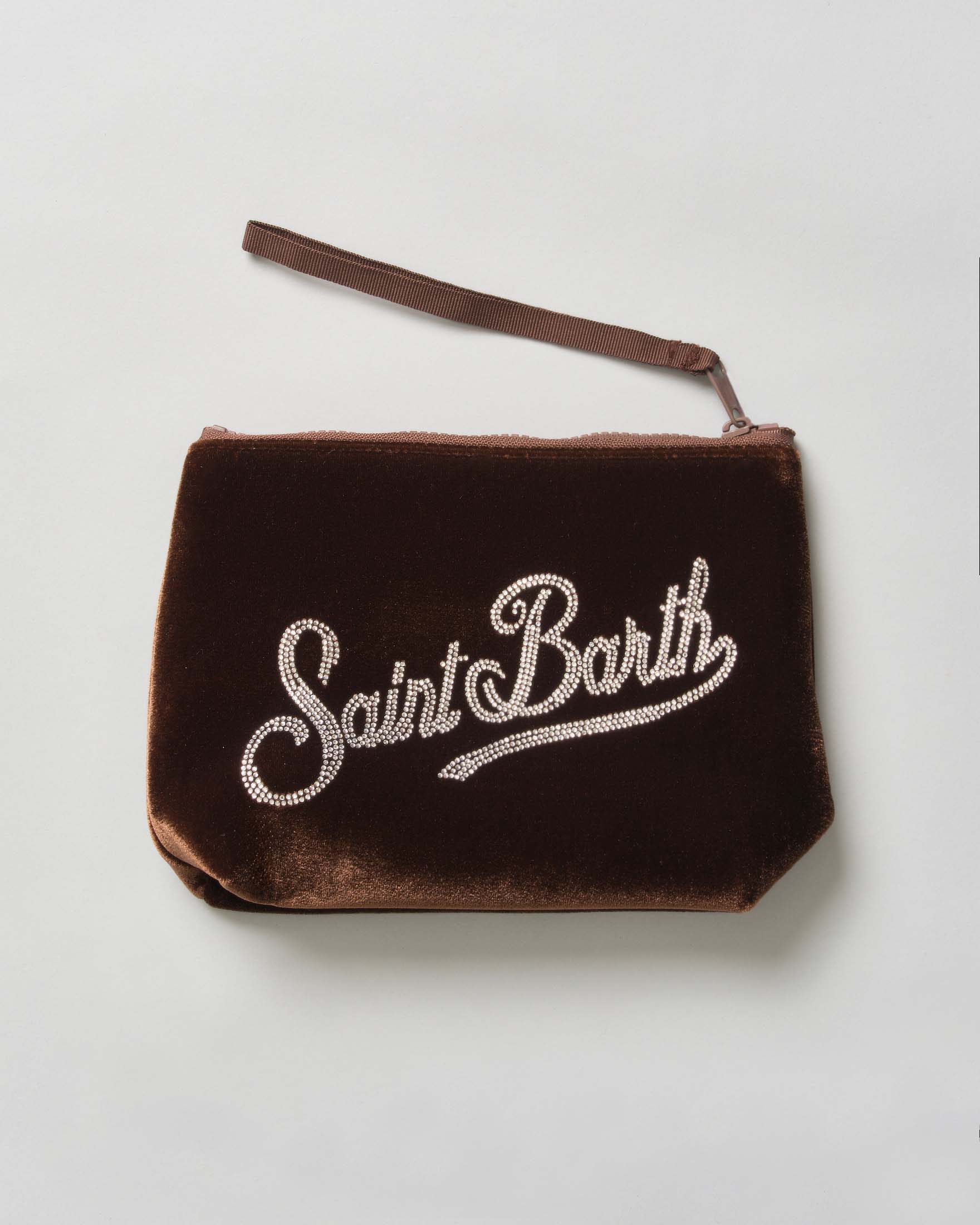 Pochette Aline MC2 Saint Barth in velluto marrone con logo strass image