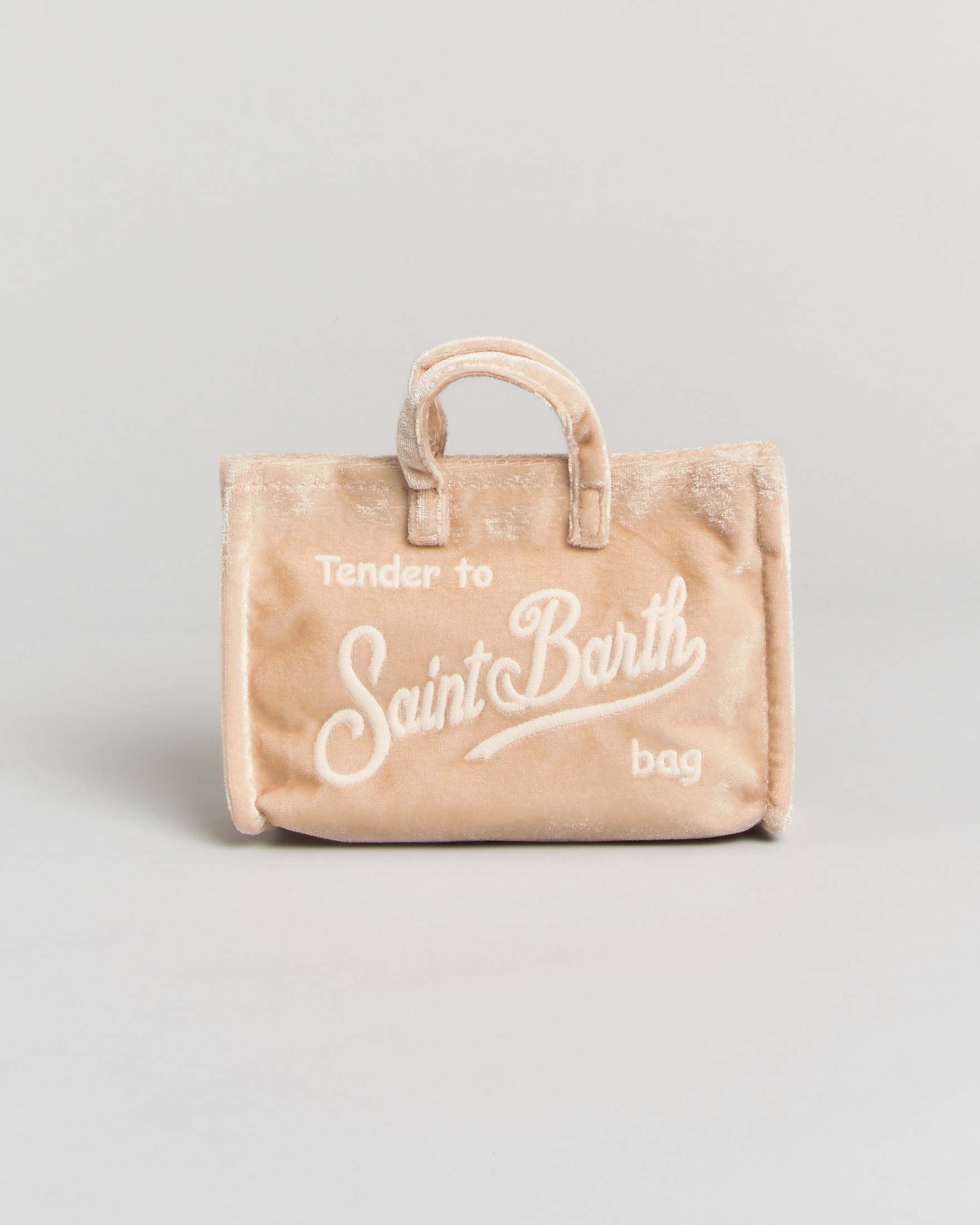 Micro borsetta beige in velluto con logo bianco e tracolla