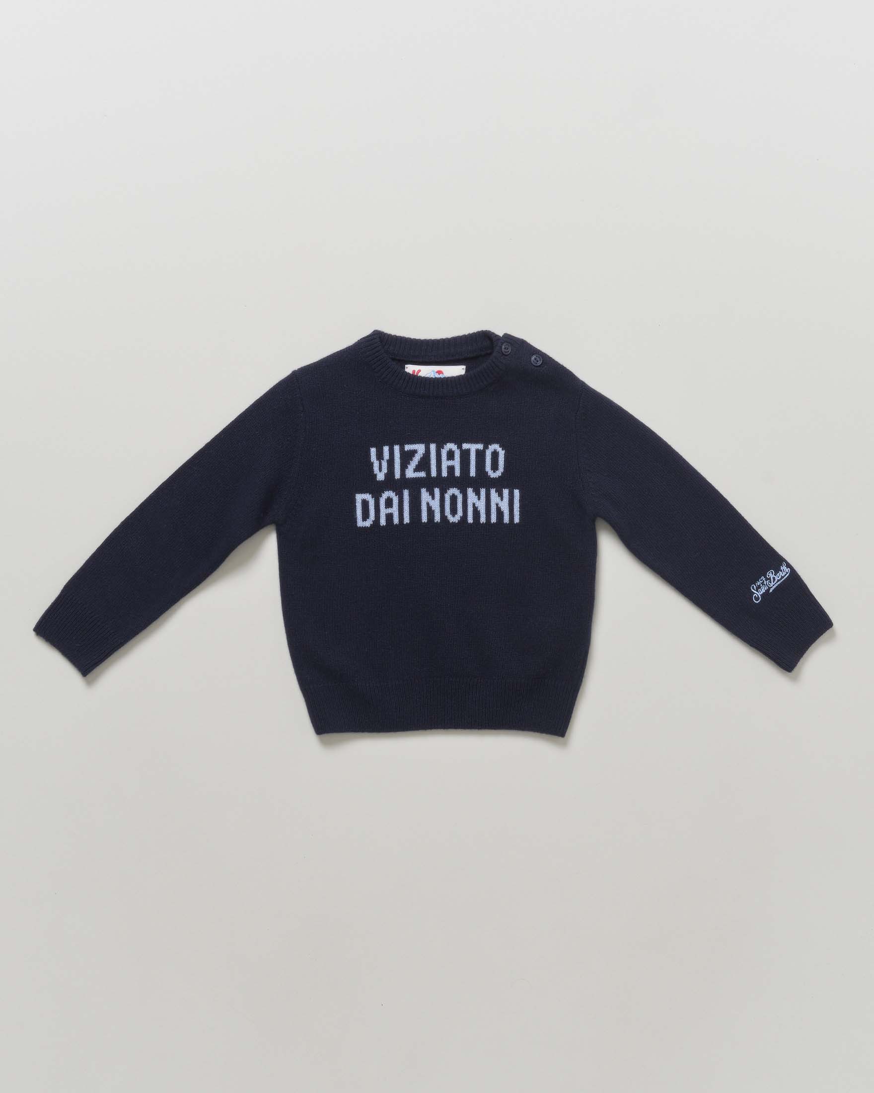 Maglia blu MC2 Saint Barth in misto lana con scritta Viziato dai nonni