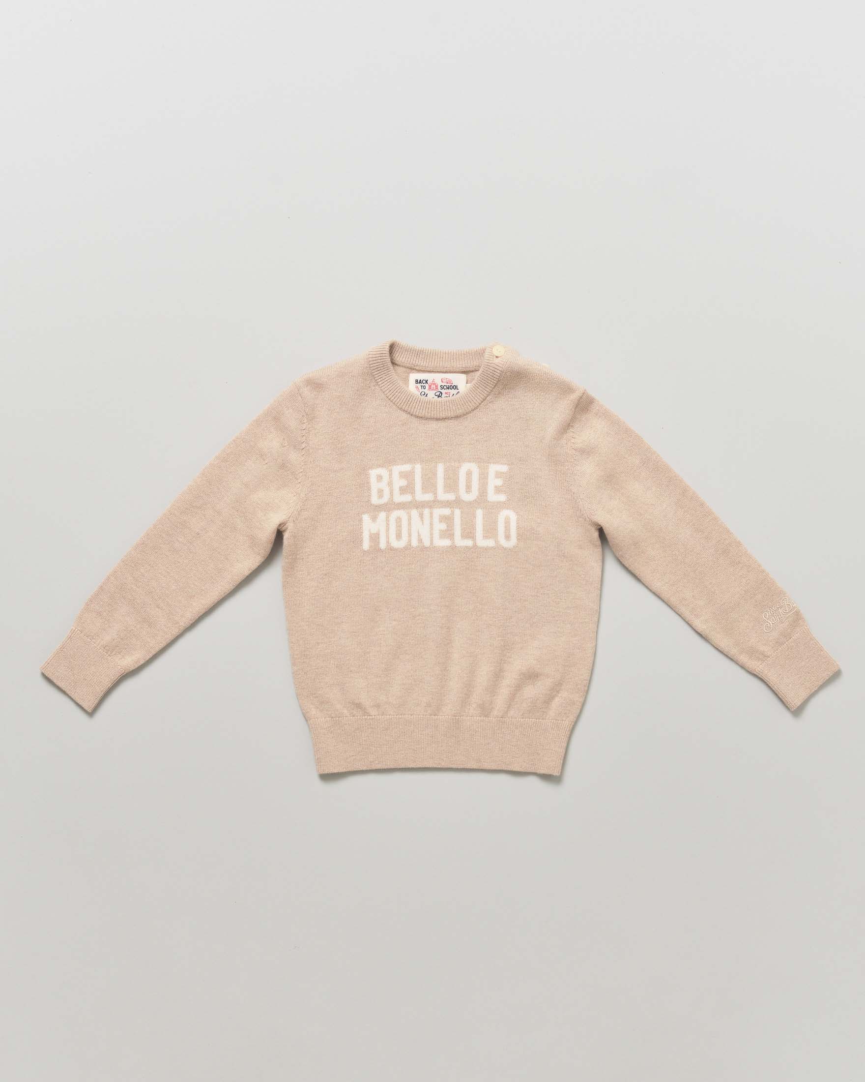 Maglia beige MC2 Saint Barth in misto lana con scritta Bello e monello