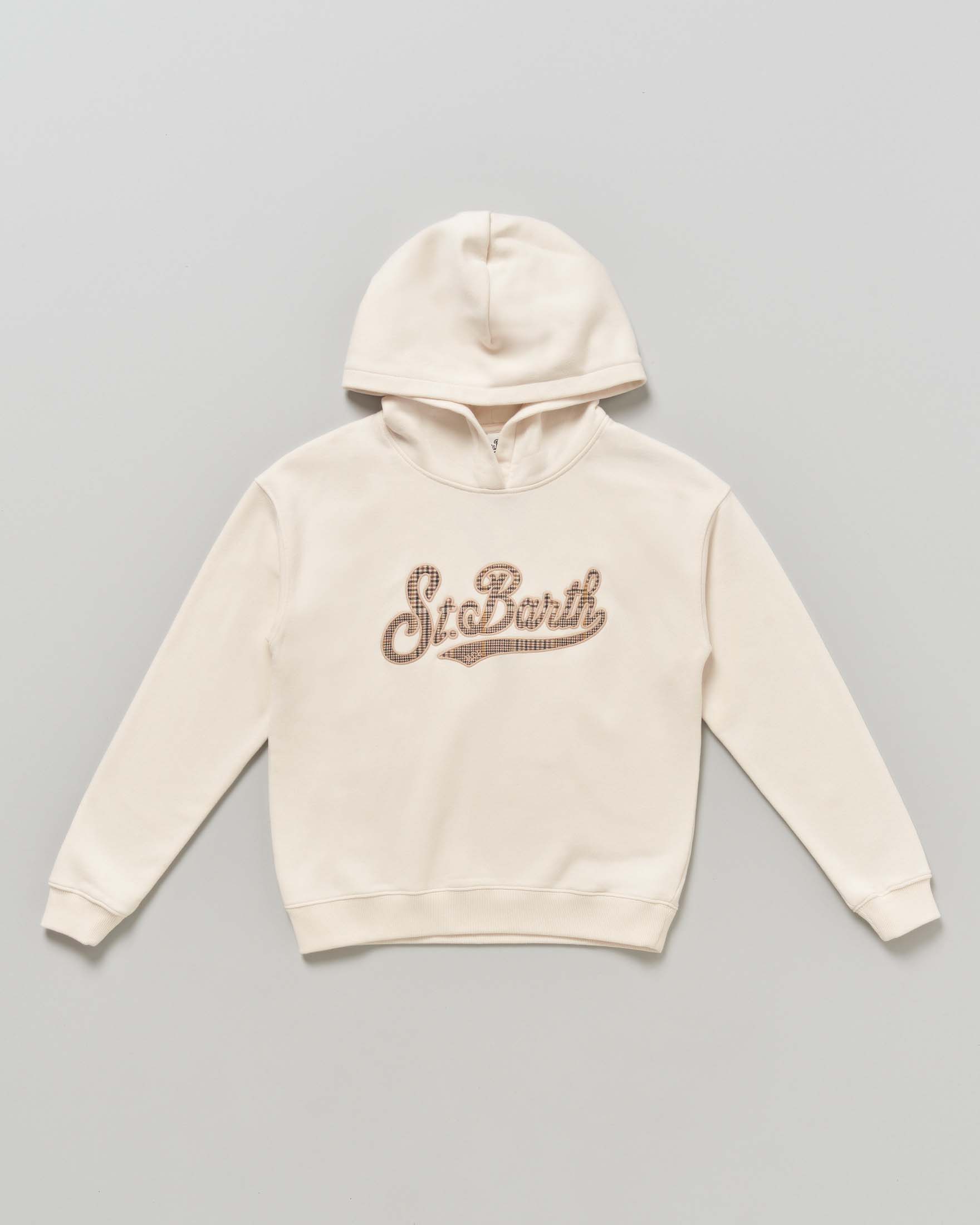 Felpa avorio MC2 Saint Barth in cotone con cappuccio e scritta logo tartan