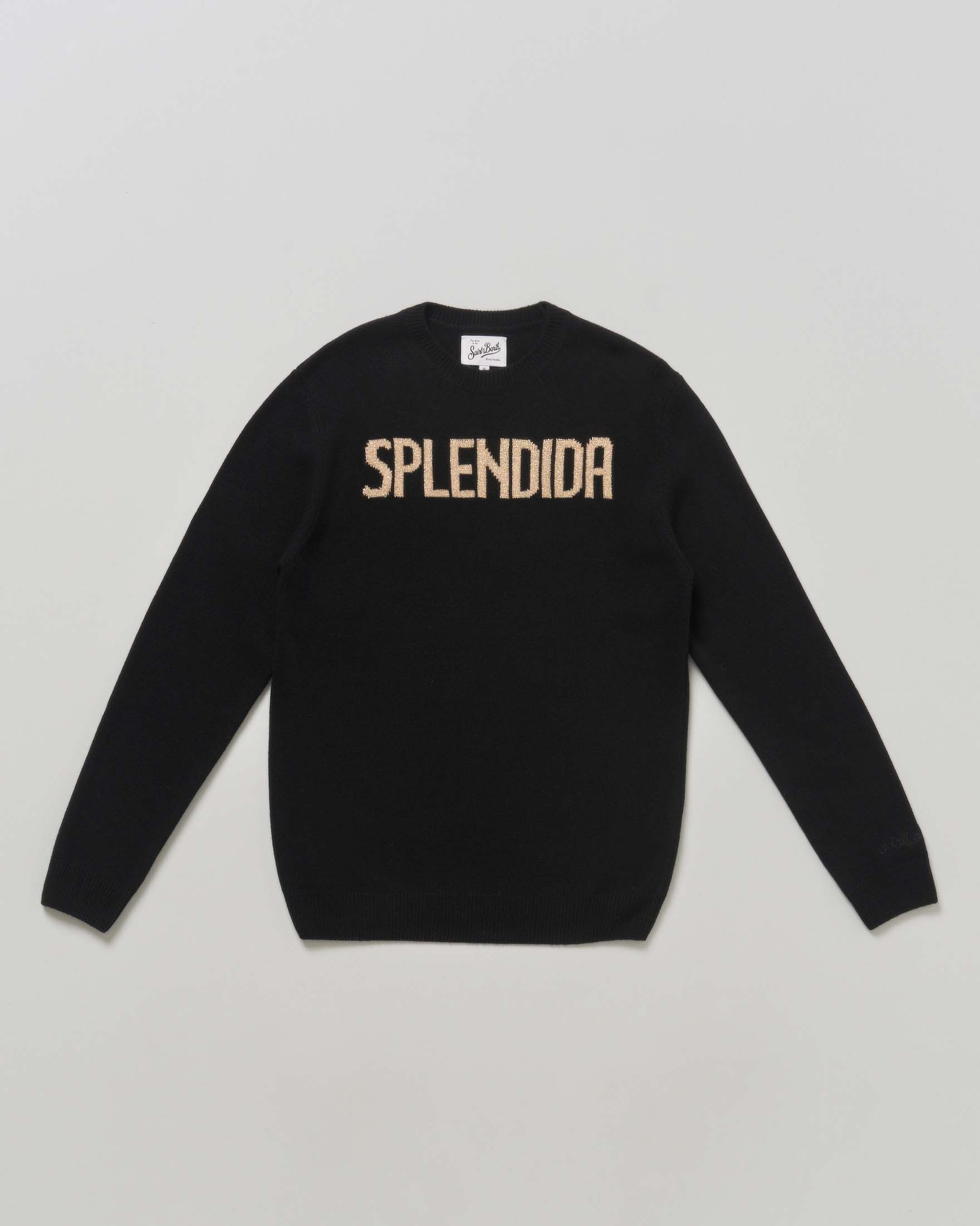 Maglia nera MC2 Saint Barth in misto lana con scritta color oro Splendida