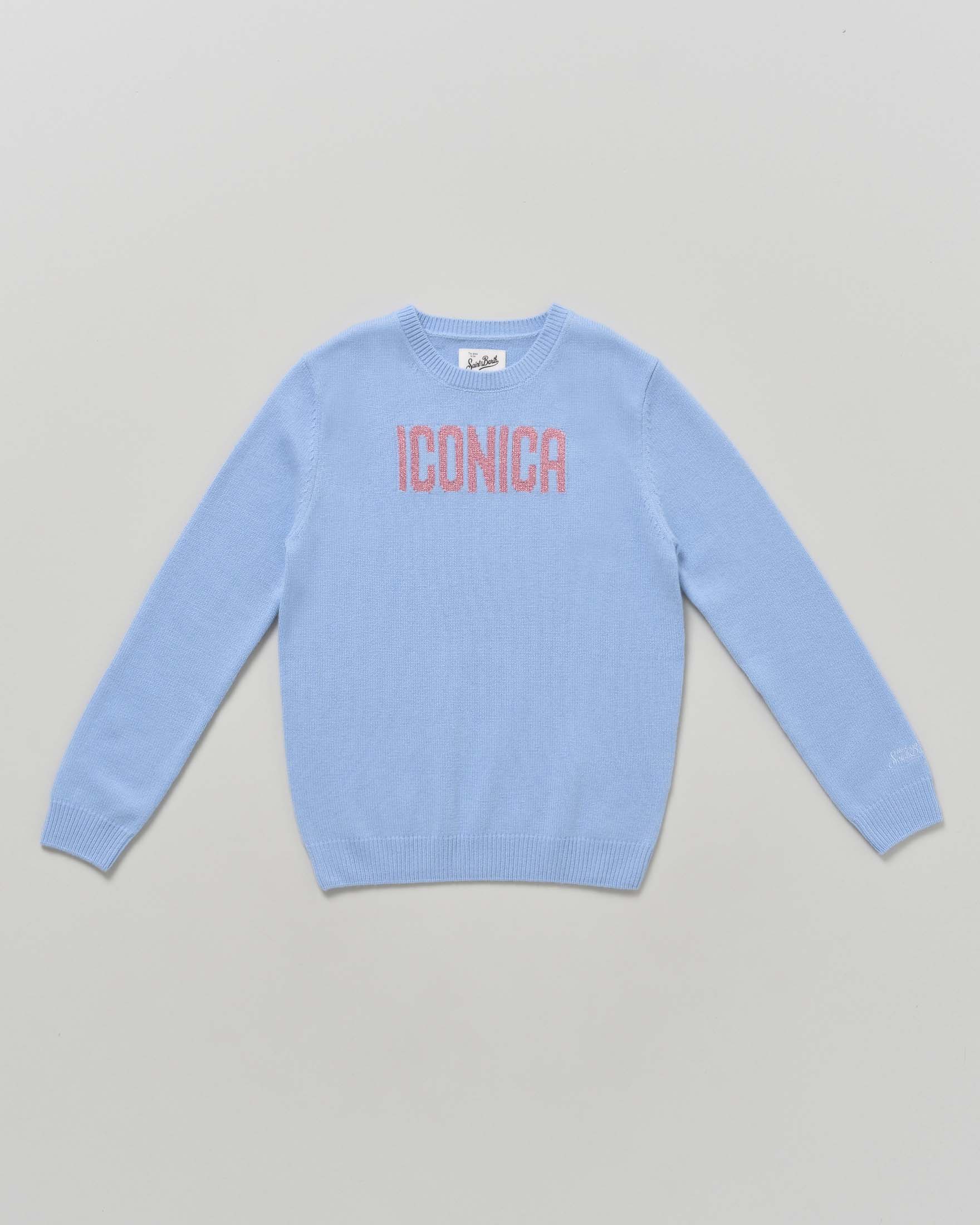 Maglia azzurra MC2 Saint Barth in misto lana con scritta rosa in lurex Iconica
