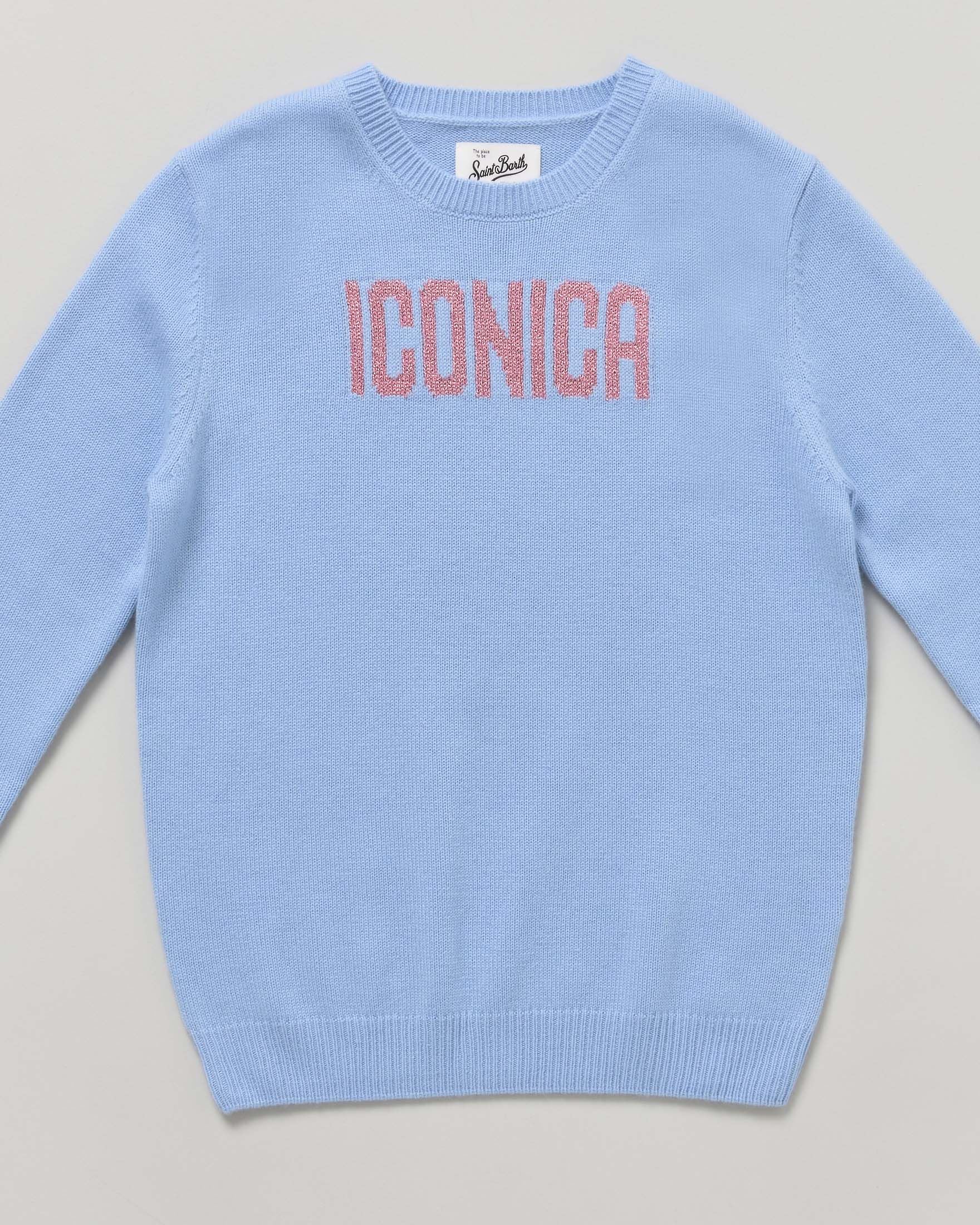 Maglia azzurra MC2 Saint Barth in misto lana con scritta rosa in lurex Iconica image