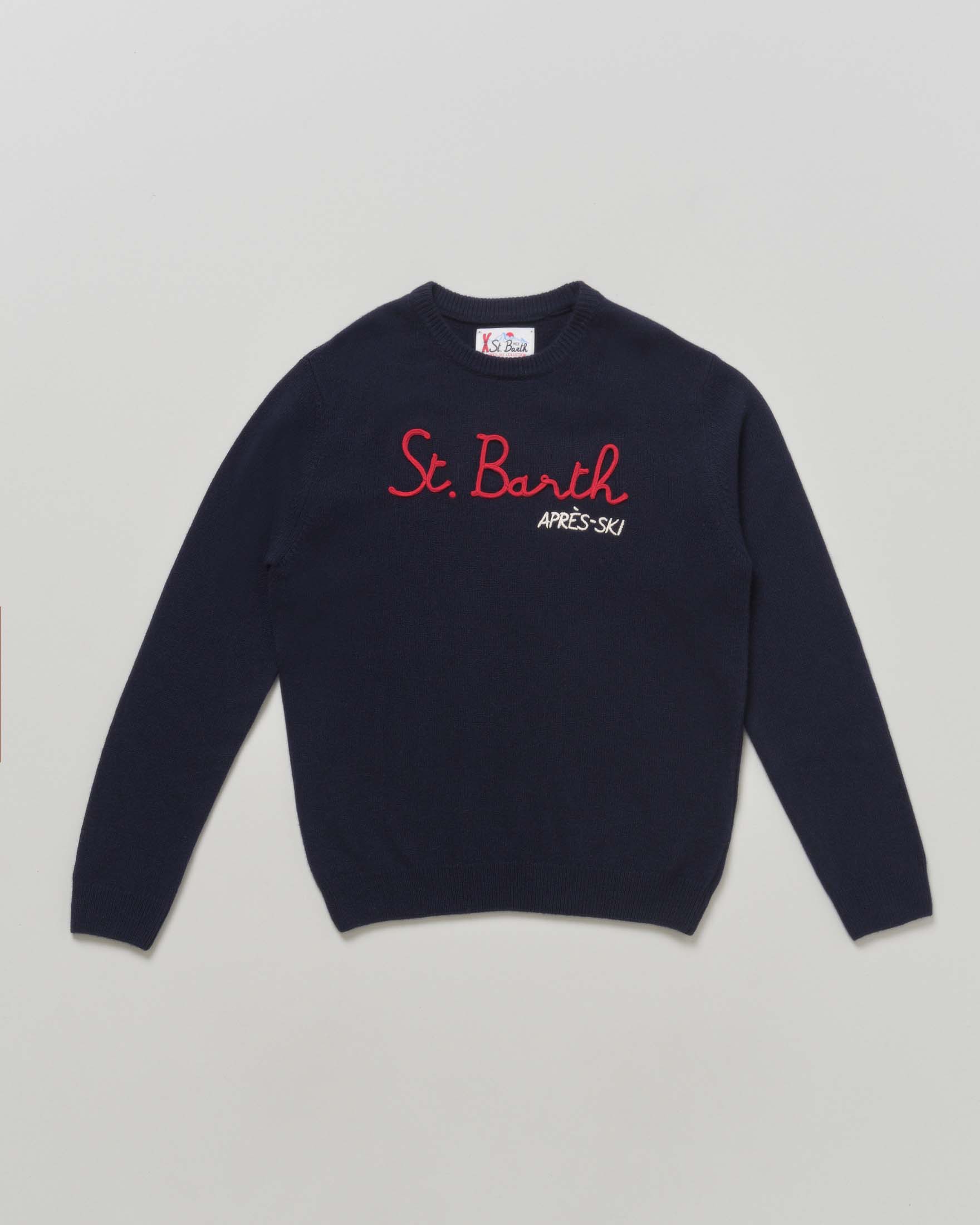 Maglioncino blu MC2 Saint Barth in misto lana con scritta logo rossa e scritta Après-ski