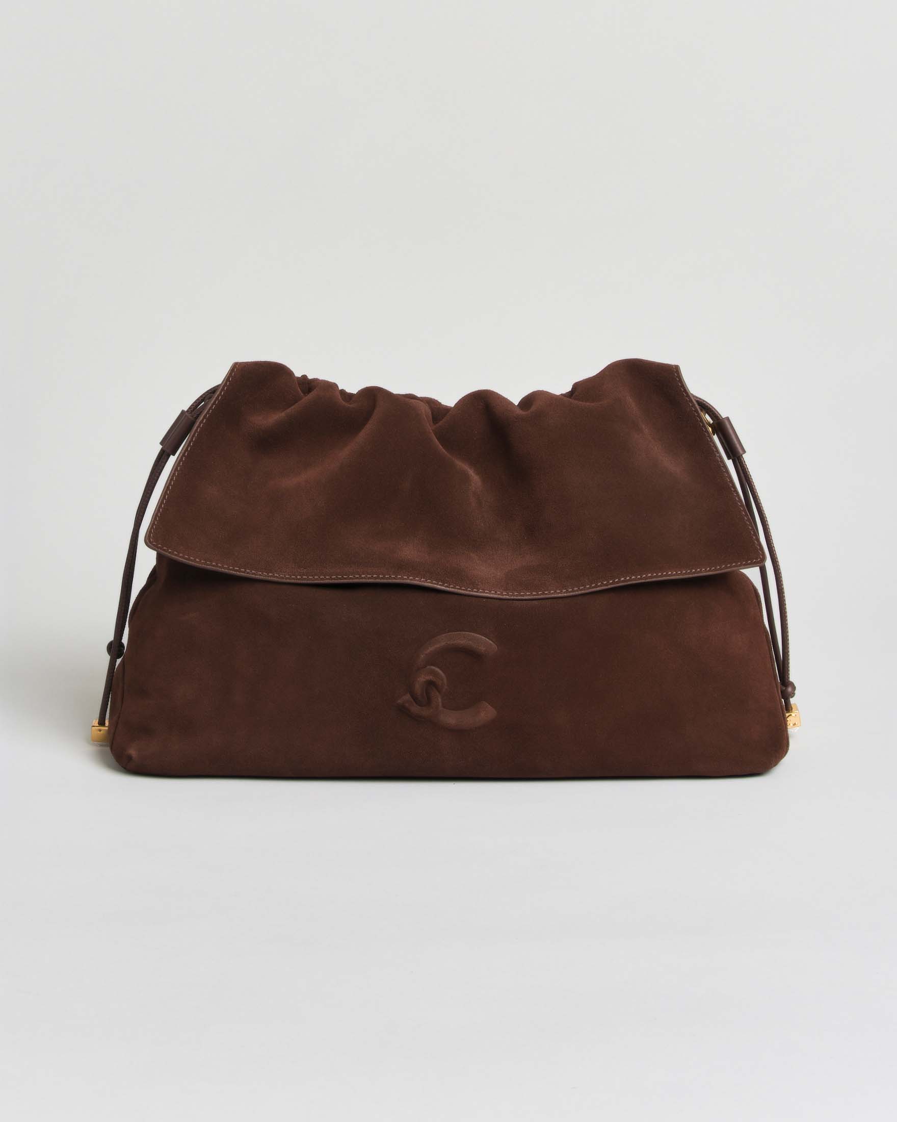 Borsa a spalla a sacchetto Lidia Medium Coccinelle testa di moro in suede con logo C-Me