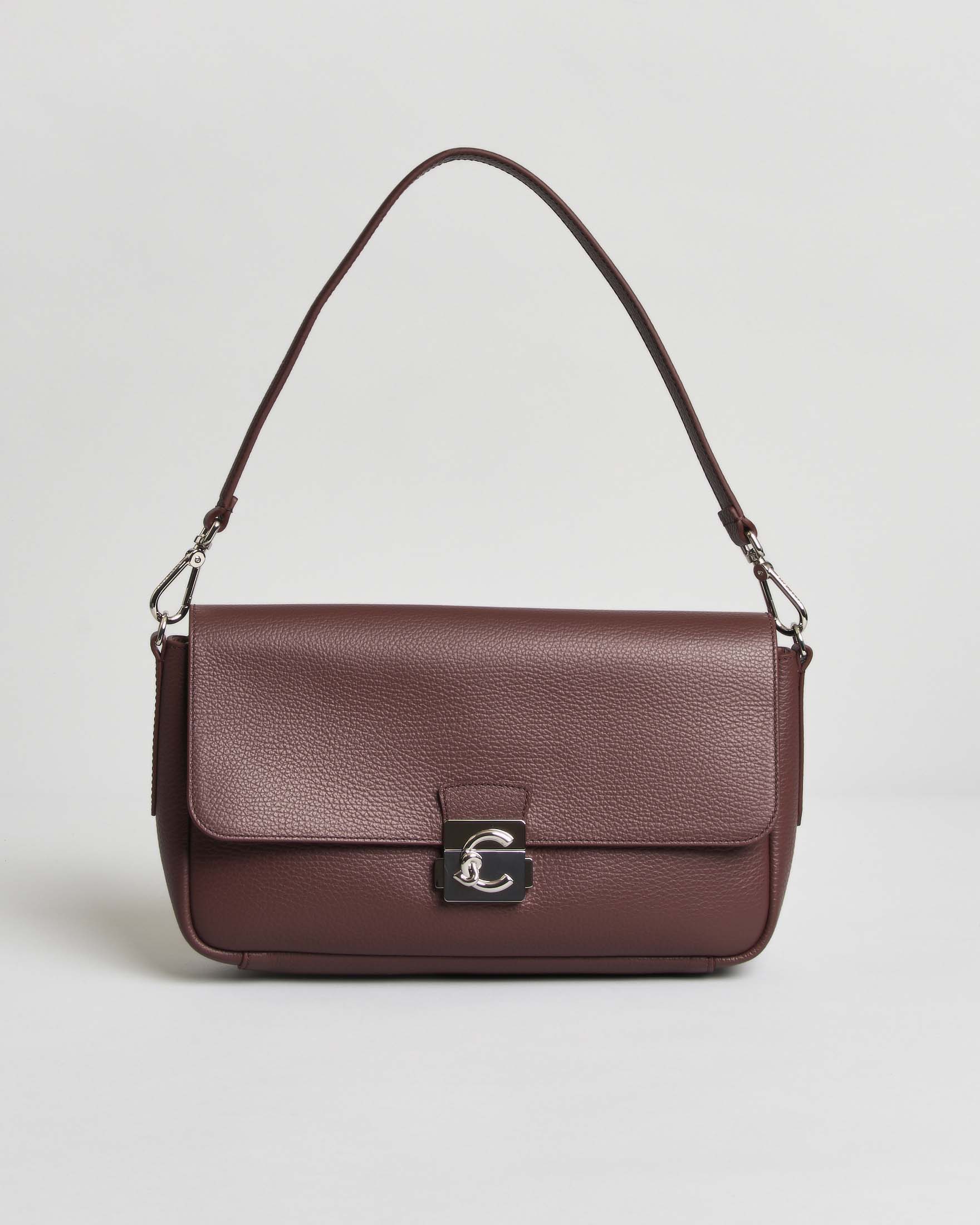 Borsa a tracolla C-Me Lock Large Coccinelle bordeaux in pelle bottalata con logo argentato