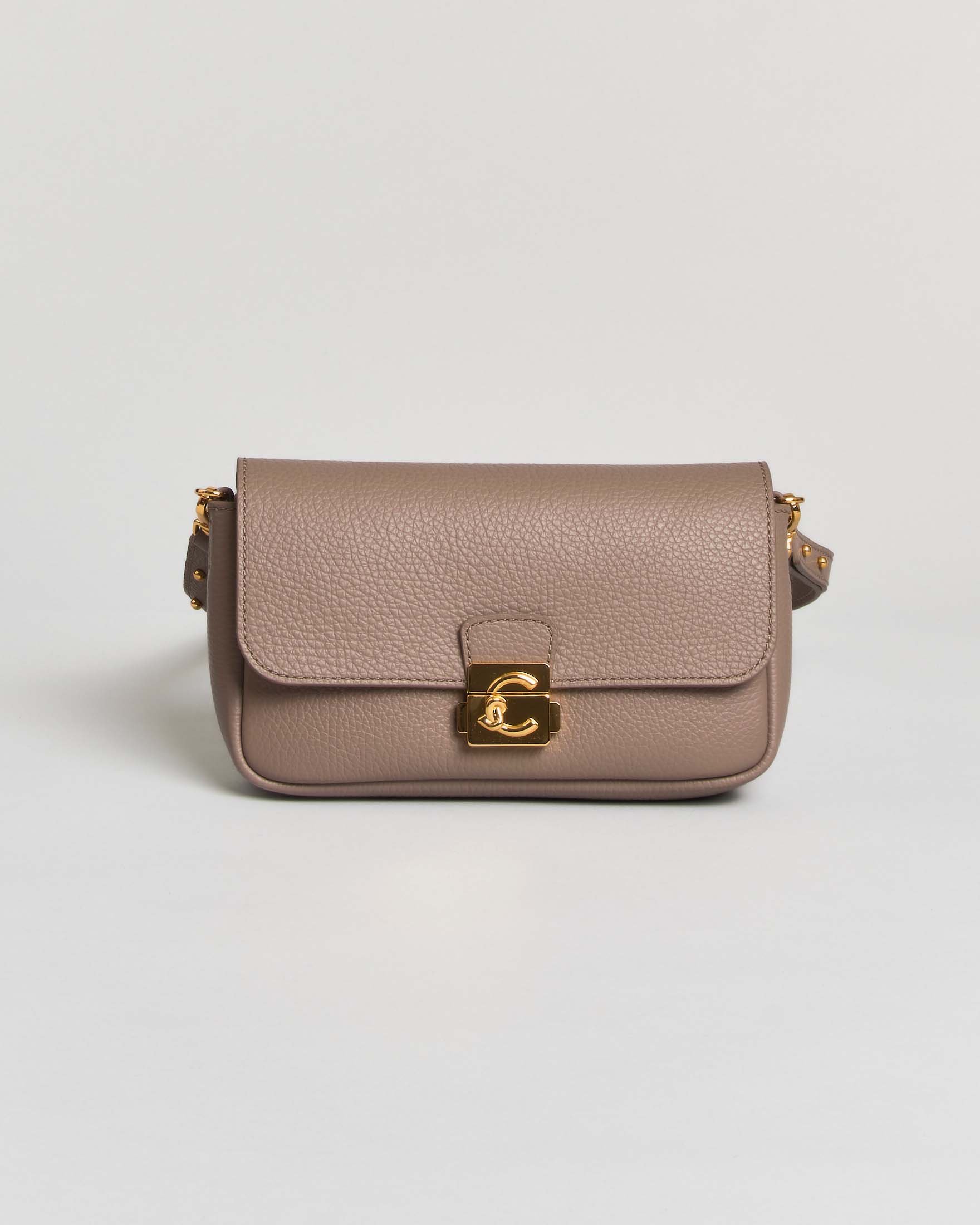 Borsa a tracolla baguette C-Me Lock Mini Coccinelle taupe in pelle bottalata con chiusura logo